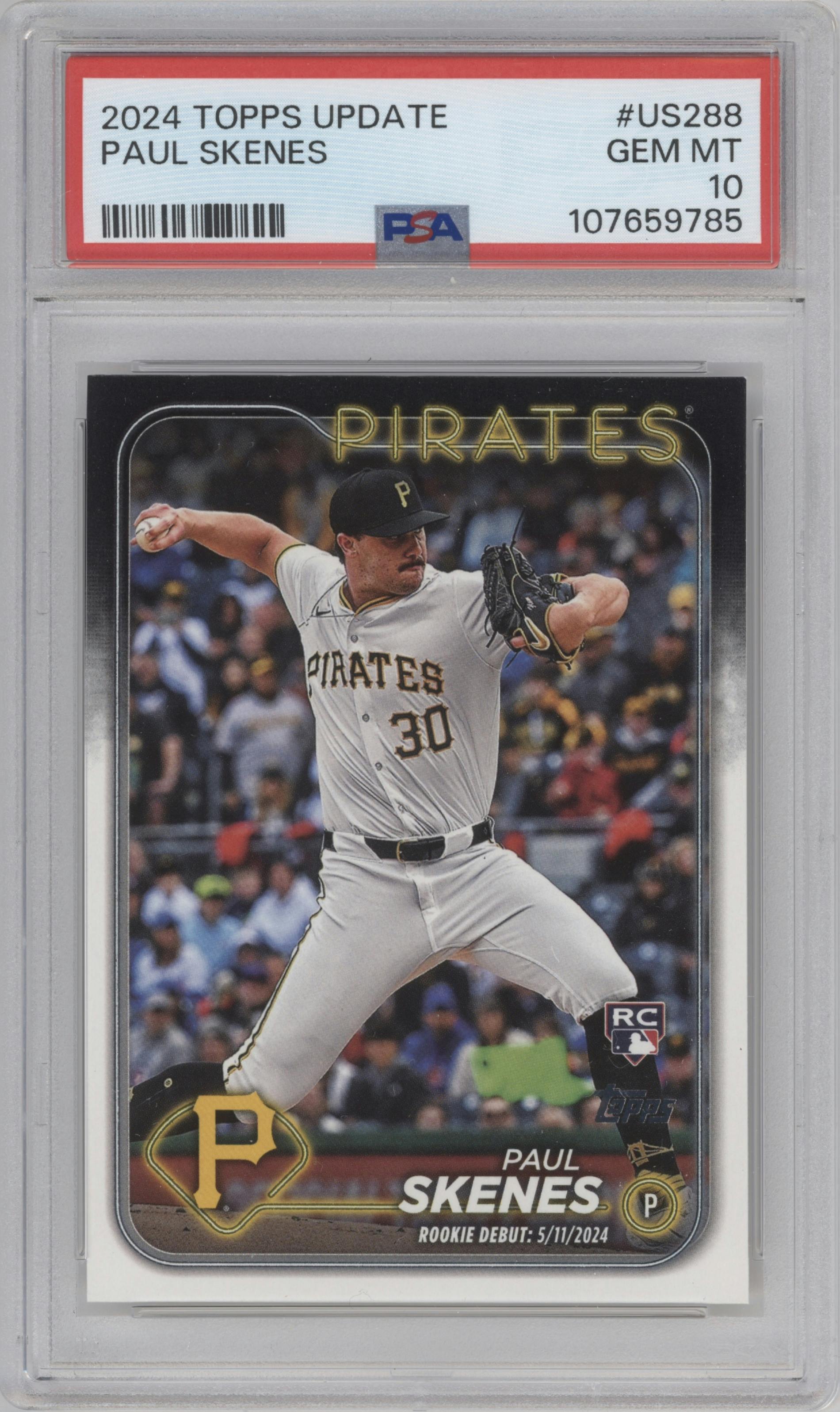 Paul Skenes from the 2024 Topps Update set graded by PSA and given an overall grade of 10.