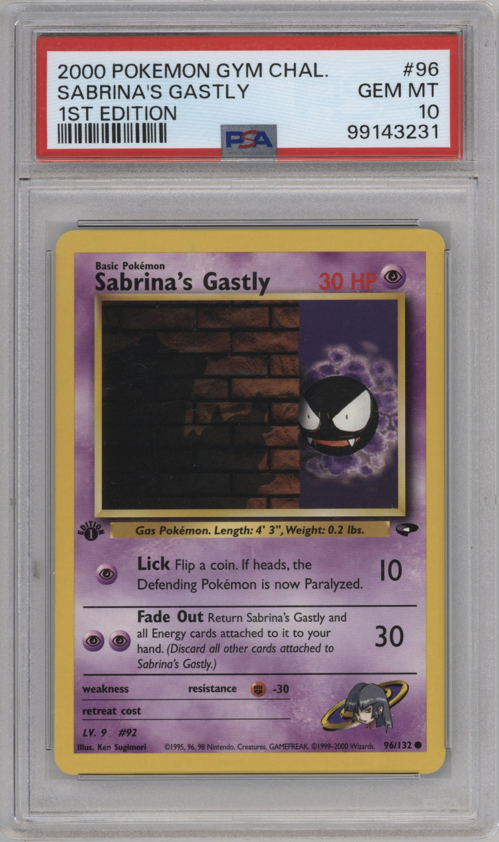 Sabrina's Gastly from the 2000 Pokemon GH set graded by PSA and given an overall grade of 10.