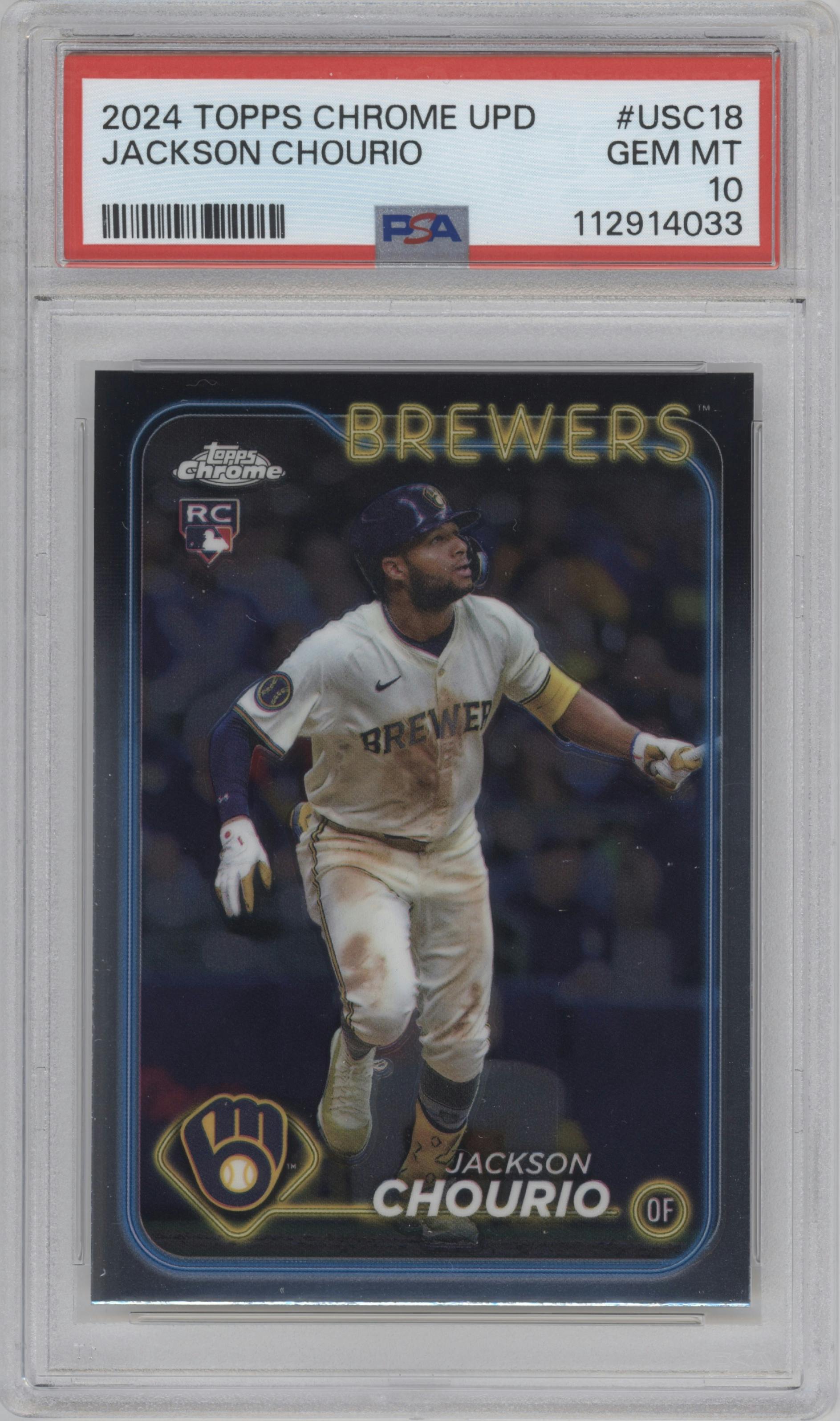 Jackson Chourio from the 2024 Topps Chrome Update set graded by PSA and given an overall grade of 10.