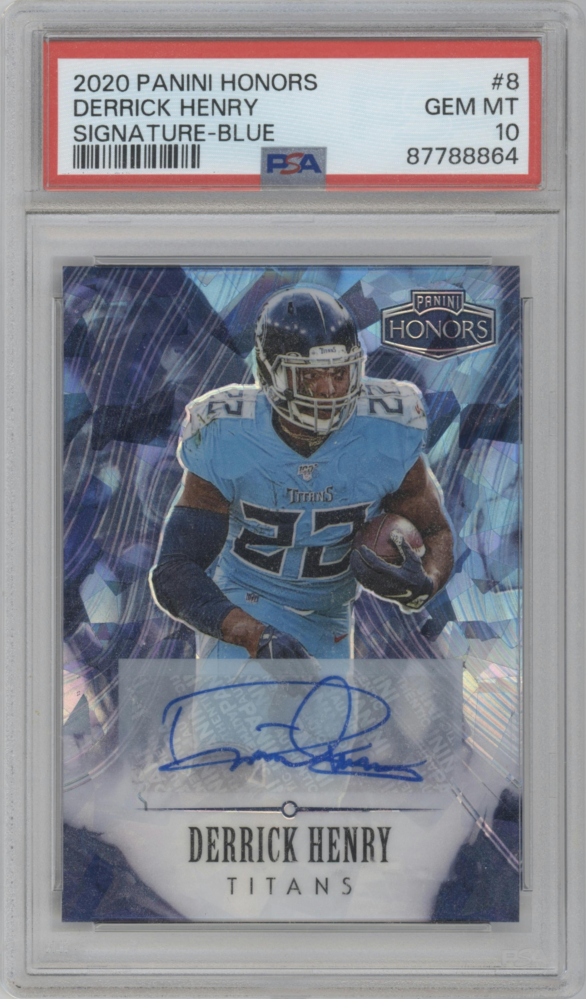 Derrick Henry from the 2020 Panini Honors set featuring a Blue parallel graded by PSA and given an overall grade of 10.