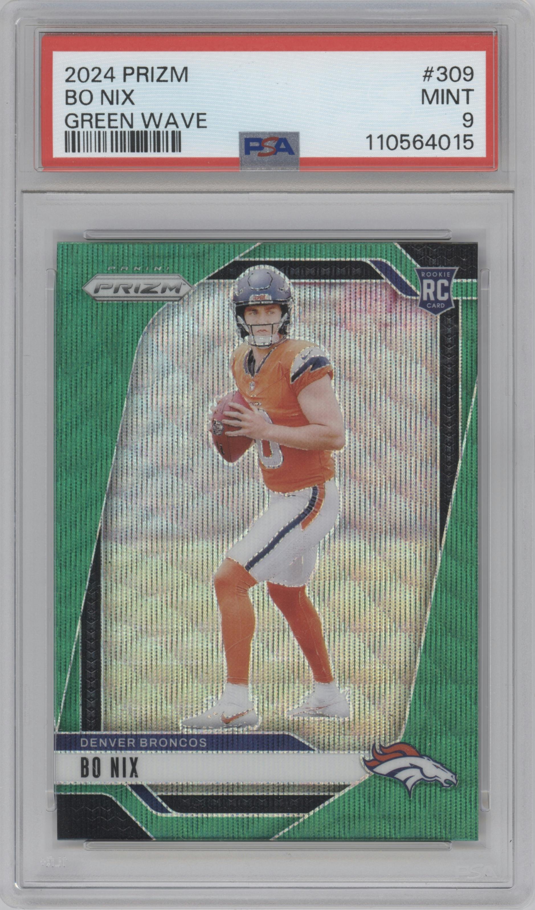 Bo Nix from the 2024 Panini Prizm set featuring a Green Wave parallel graded by PSA and given an overall grade of 9.