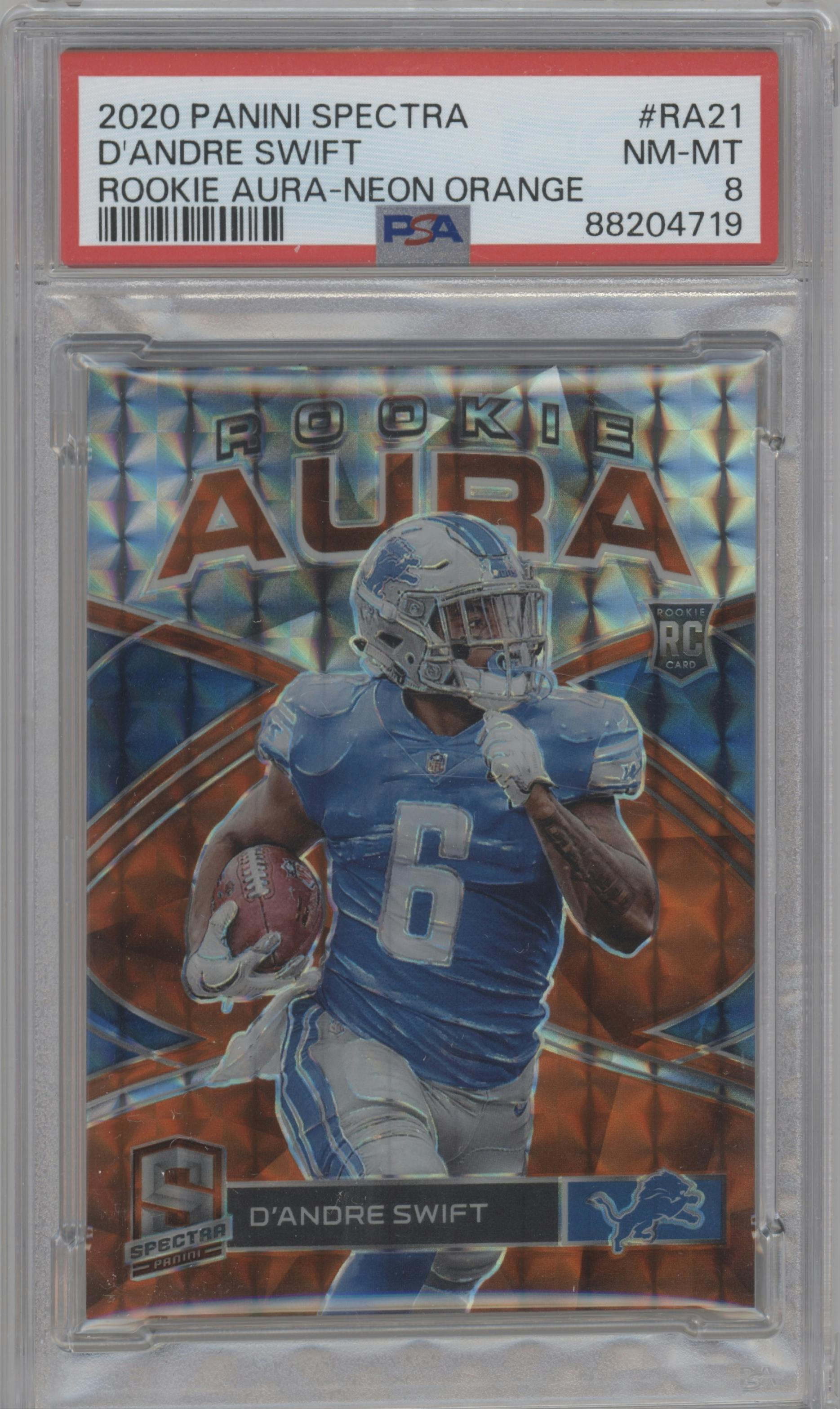 D'Andre Swift from the 2020 Panini Spectra set featuring a Neon Orange parallel graded by PSA and given an overall grade of 8.