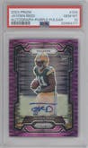 Jayden Reed from the 2023 Panini Prizm set featuring a Purple Pulsar parallel graded by PSA and given an overall grade of 10.