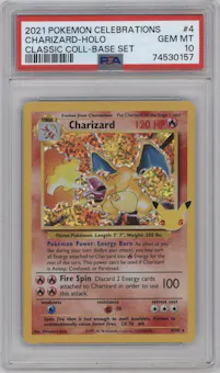 Charizard from the 2021 Pokemon SWSH set featuring a Base Set parallel graded by PSA and given an overall grade of 10.
