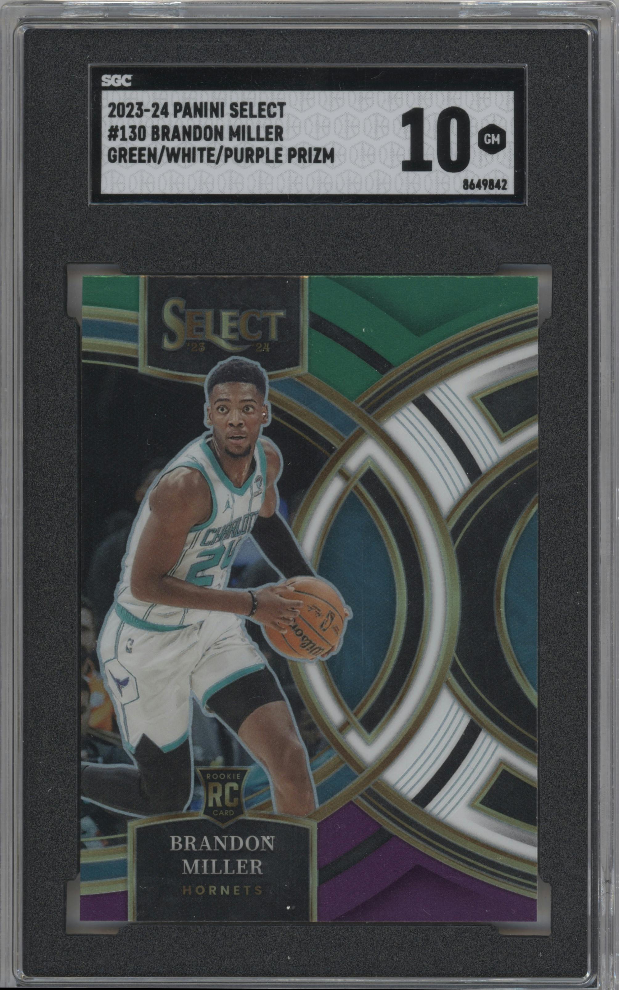 Brandon Miller from the 2023-24 Panini Select  set featuring a Green/White/Purple Prizm  parallel graded by SGC and given an overall grade of 10.