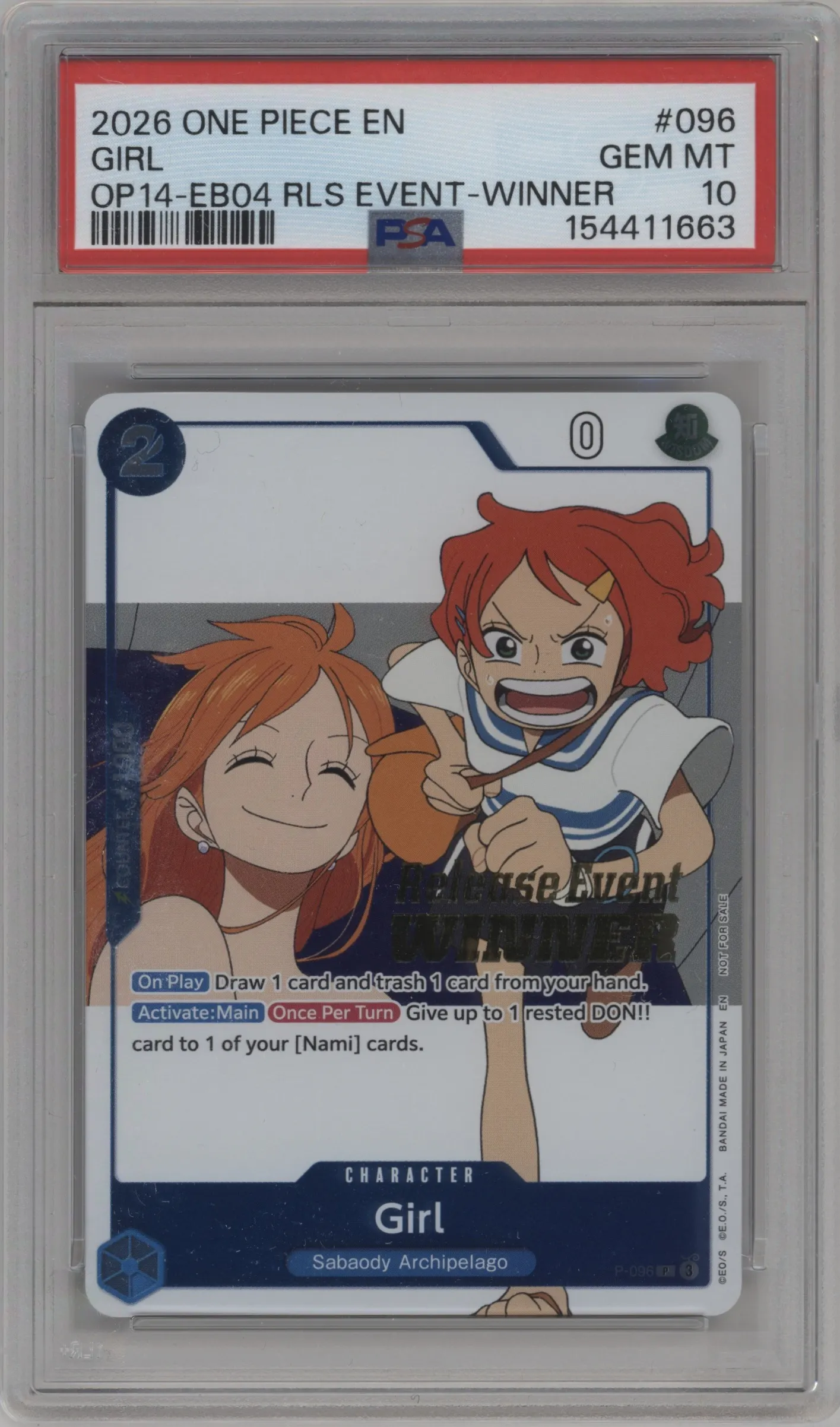 2026 One Piece The Azure Sea's Seven Girl Release Event Winner P #P-096 P PSA 10