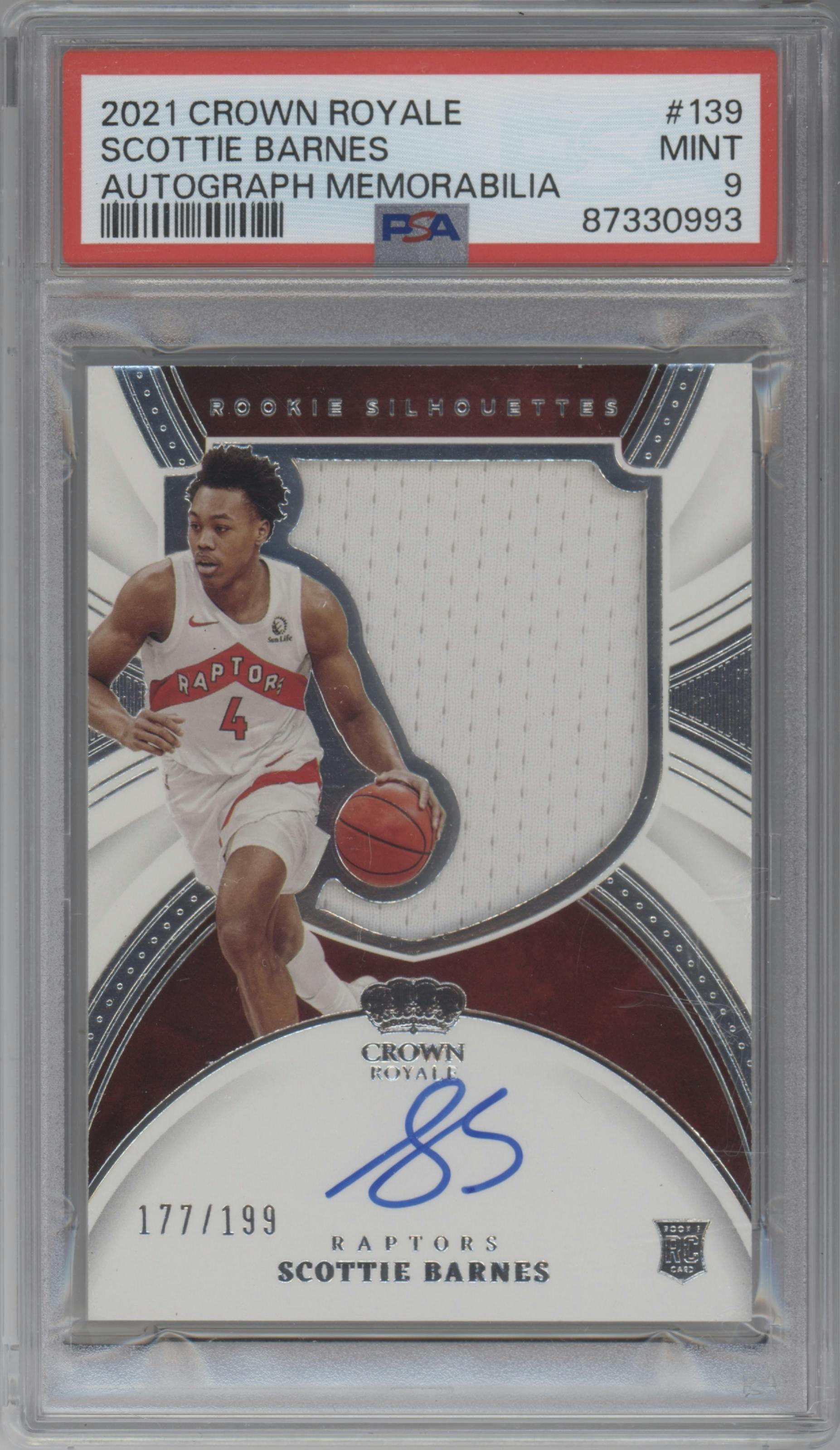 Scottie Barnes from the 2021-22 Crown Royale set graded by PSA and given an overall grade of 9.