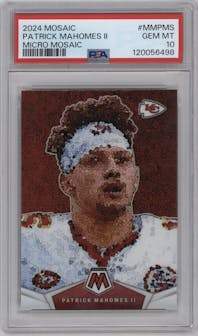 Patrick Mahomes II from the 2024 Panini Mosaic set graded by PSA and given an overall grade of 10.