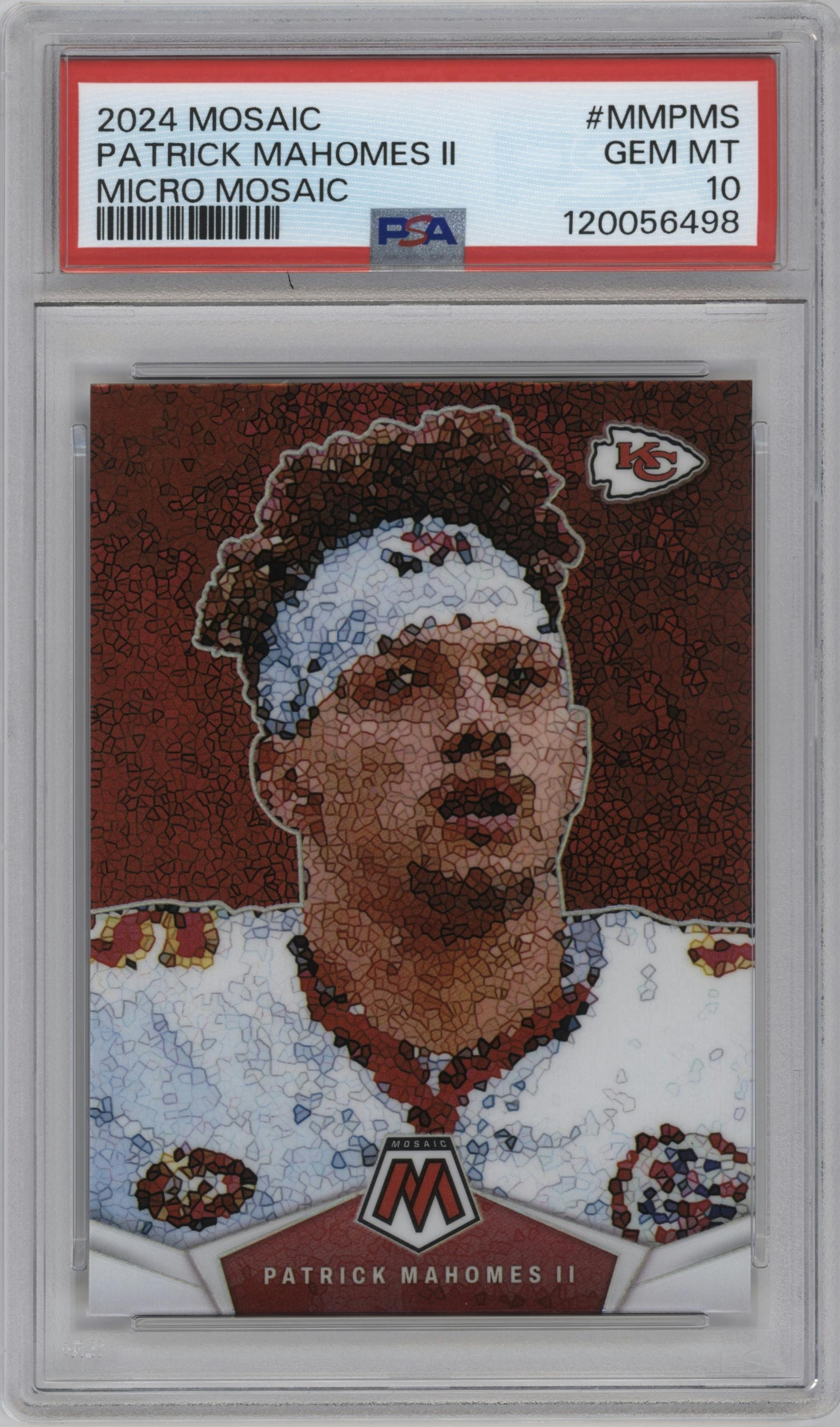Patrick Mahomes II from the 2024 Panini Mosaic set graded by PSA and given an overall grade of 10.