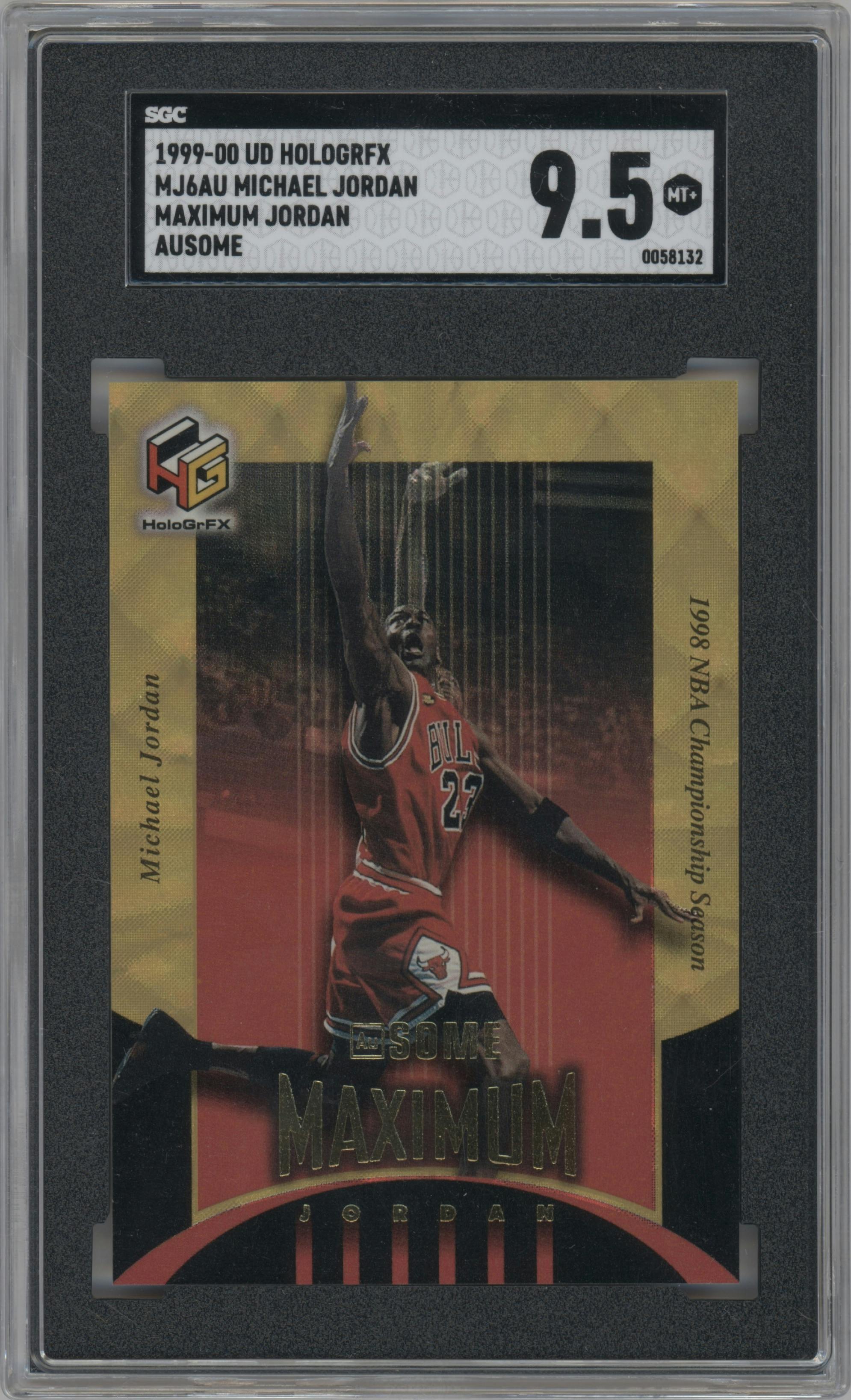 Michael Jordan from the 1999-00 Upper Deck HoloGrFX set featuring a AuSome parallel graded by SGC and given an overall grade of 9.5.