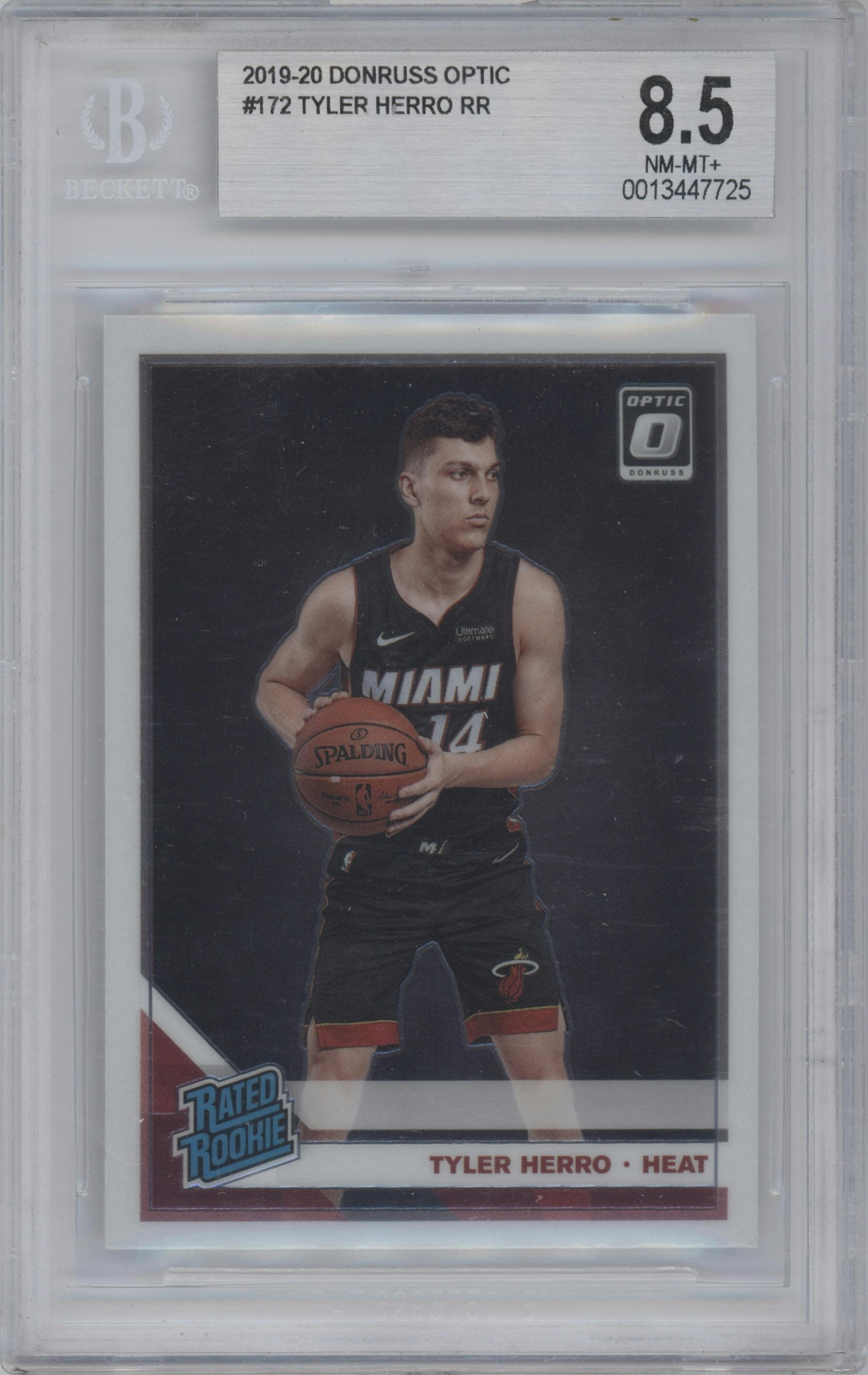 Tyler Herro from the 2019-20 Panini Donruss Optic set graded by Beckett and given an overall grade of 8.5.