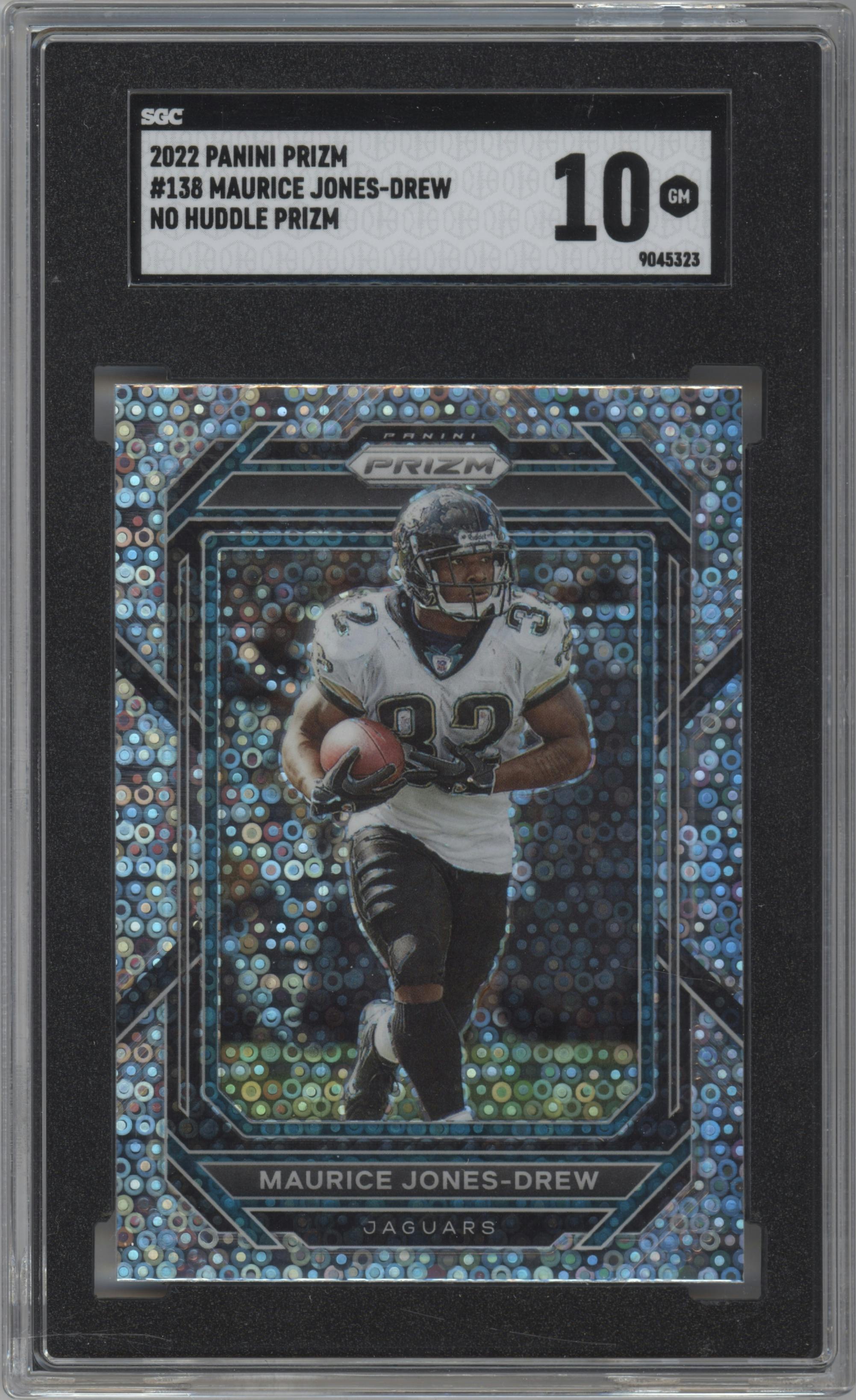 Maurice Jones-Drew from the 2022 Panini Prizm set featuring a No Huddle  parallel graded by SGC and given an overall grade of 10.