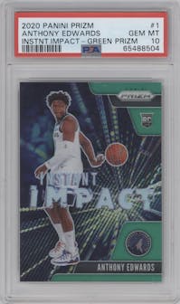Anthony Edwards from the 2020-21 Panini Prizm set featuring a Green Prizm parallel graded by PSA and given an overall grade of 10.