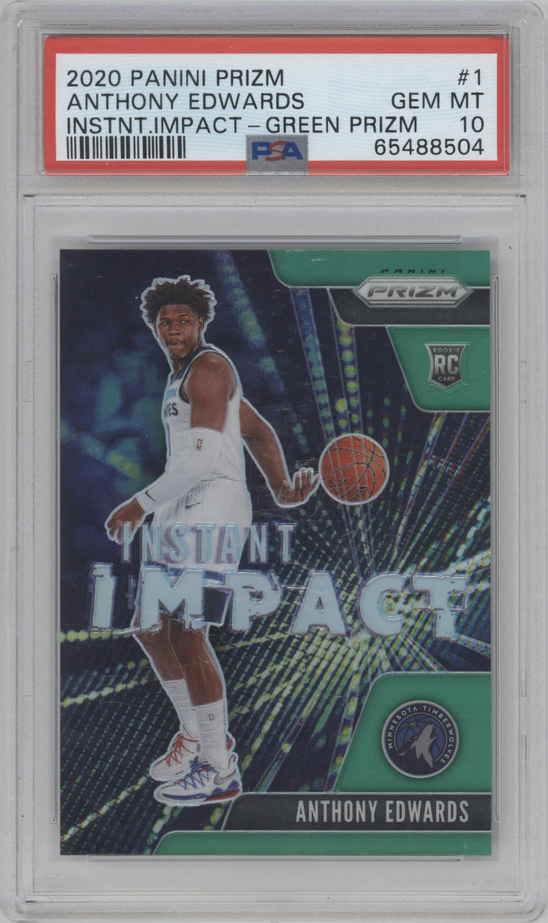 Anthony Edwards from the 2020-21 Panini Prizm set featuring a Green Prizm parallel graded by PSA and given an overall grade of 10.