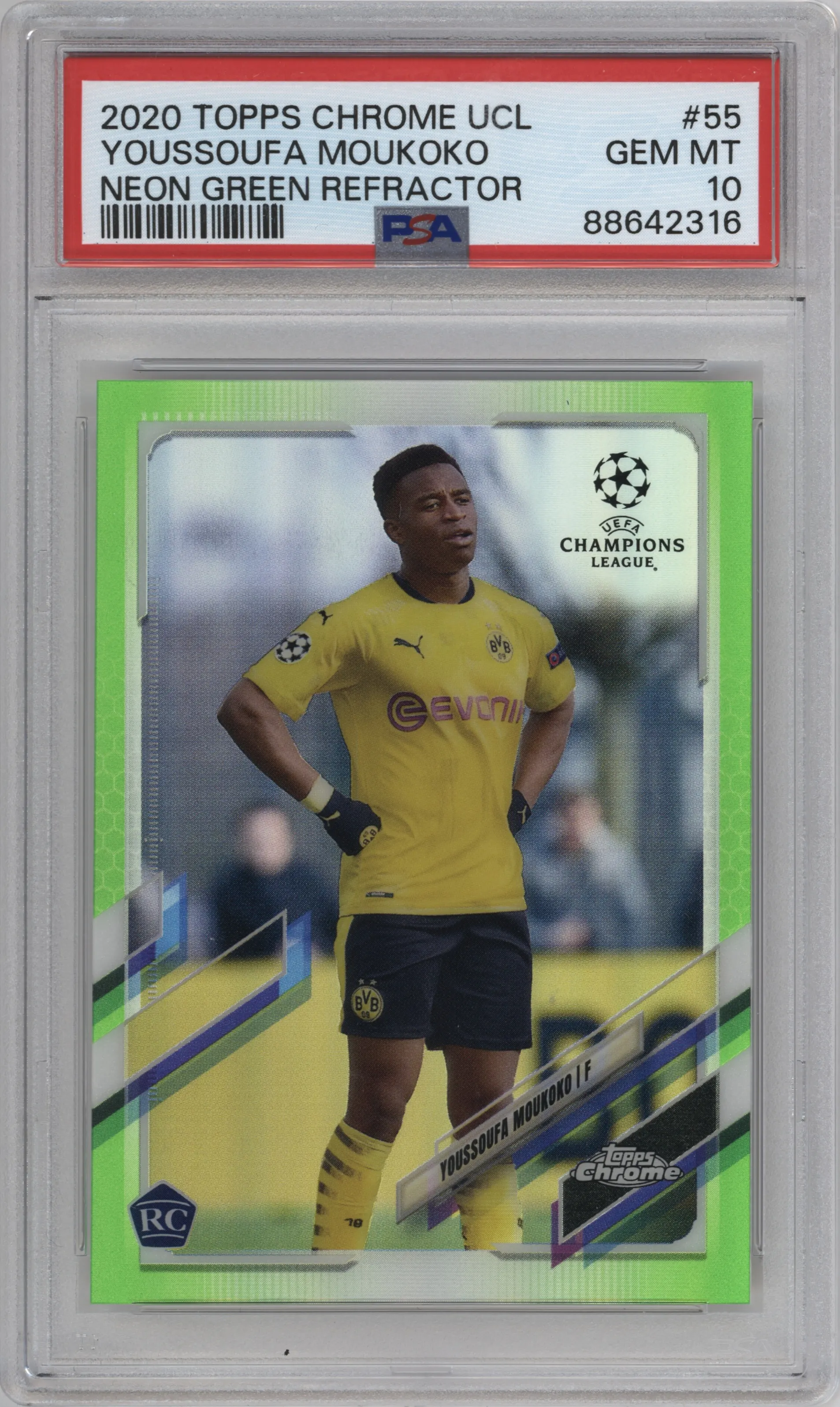 2020 Topps Chrome UEFA Champions League Youssoufa Moukoko Neon Green Refractor #55 PSA 10