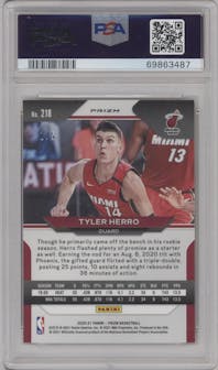 Tyler Herro from the 2020-21 Panini Prizm set featuring a Black Gold parallel graded by PSA and given an overall grade of 9.