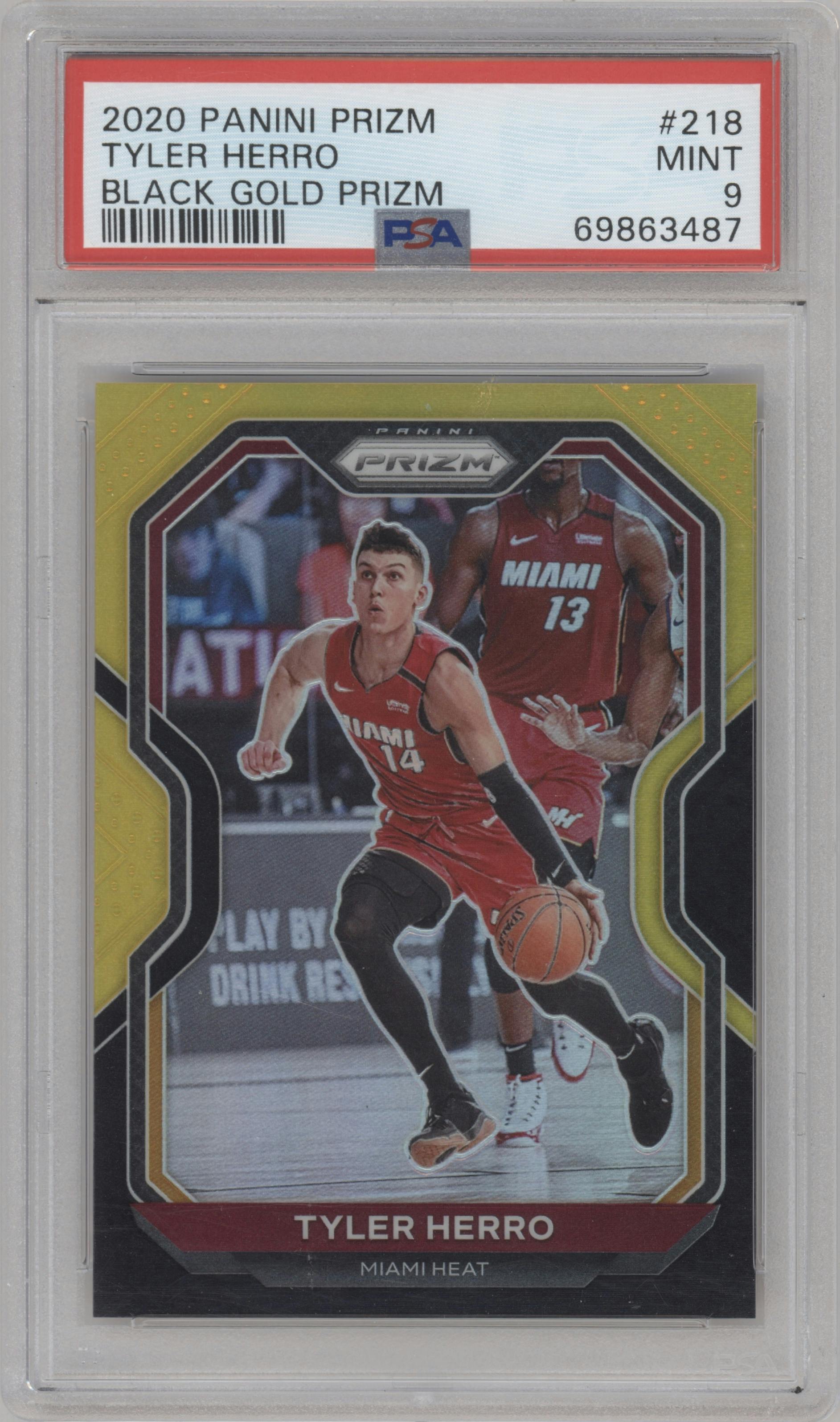 Tyler Herro from the 2020-21 Panini Prizm set featuring a Black Gold parallel graded by PSA and given an overall grade of 9.