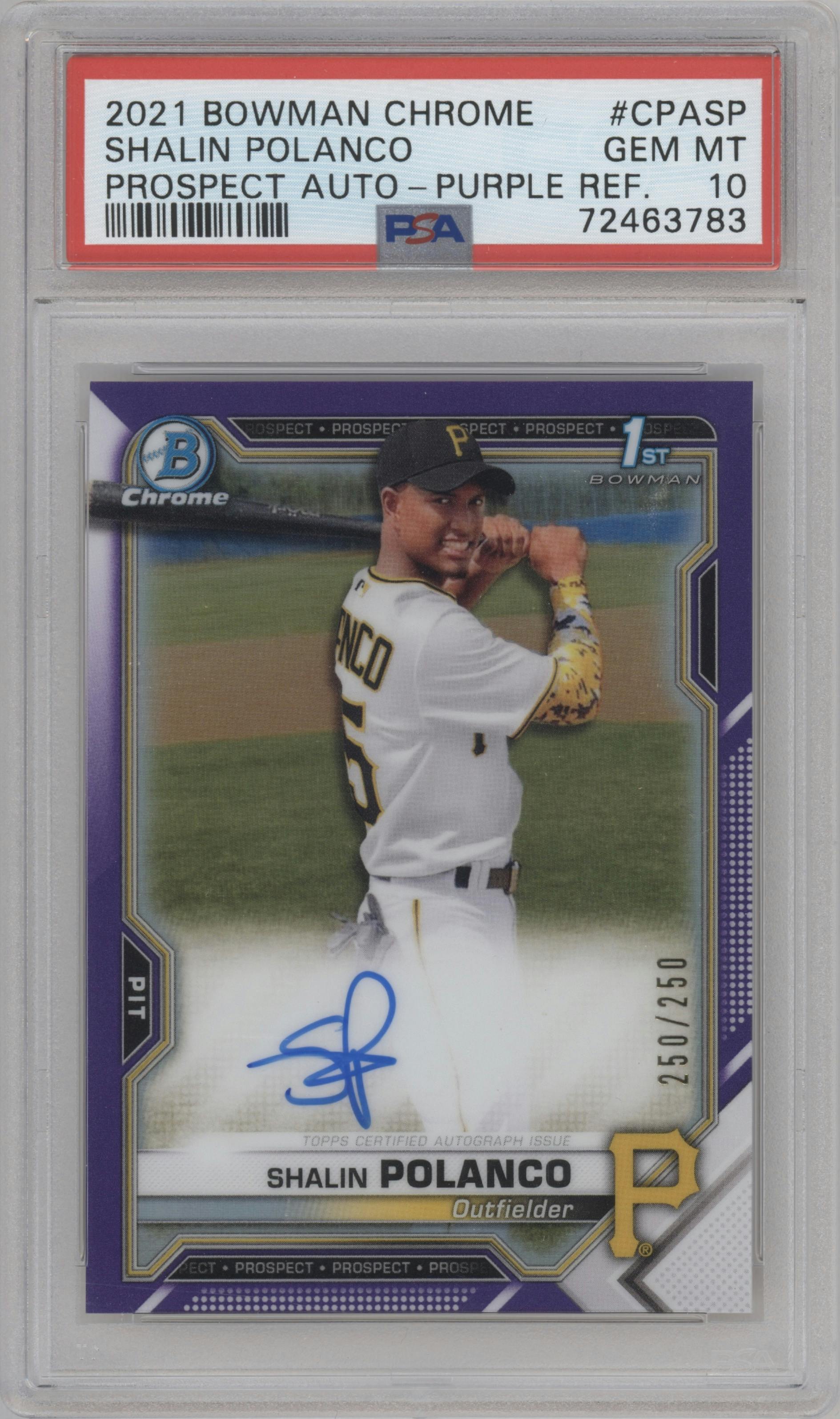 Shalin Polanco from the 2021 Bowman Chrome set featuring a Purple Refractor parallel graded by PSA and given an overall grade of 10.