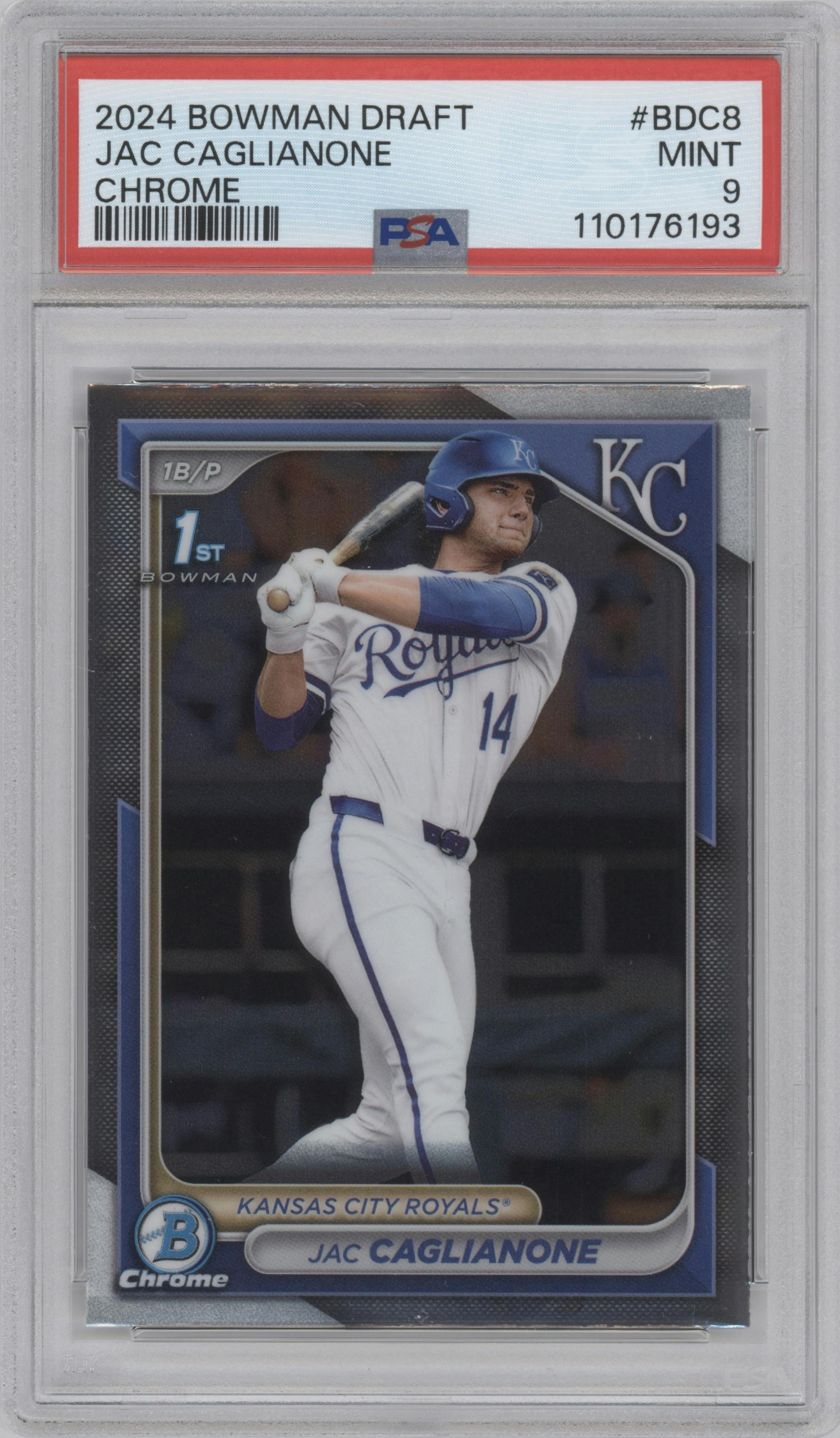 Jac Caglianone from the 2024 Bowman Draft set graded by PSA and given an overall grade of 9.