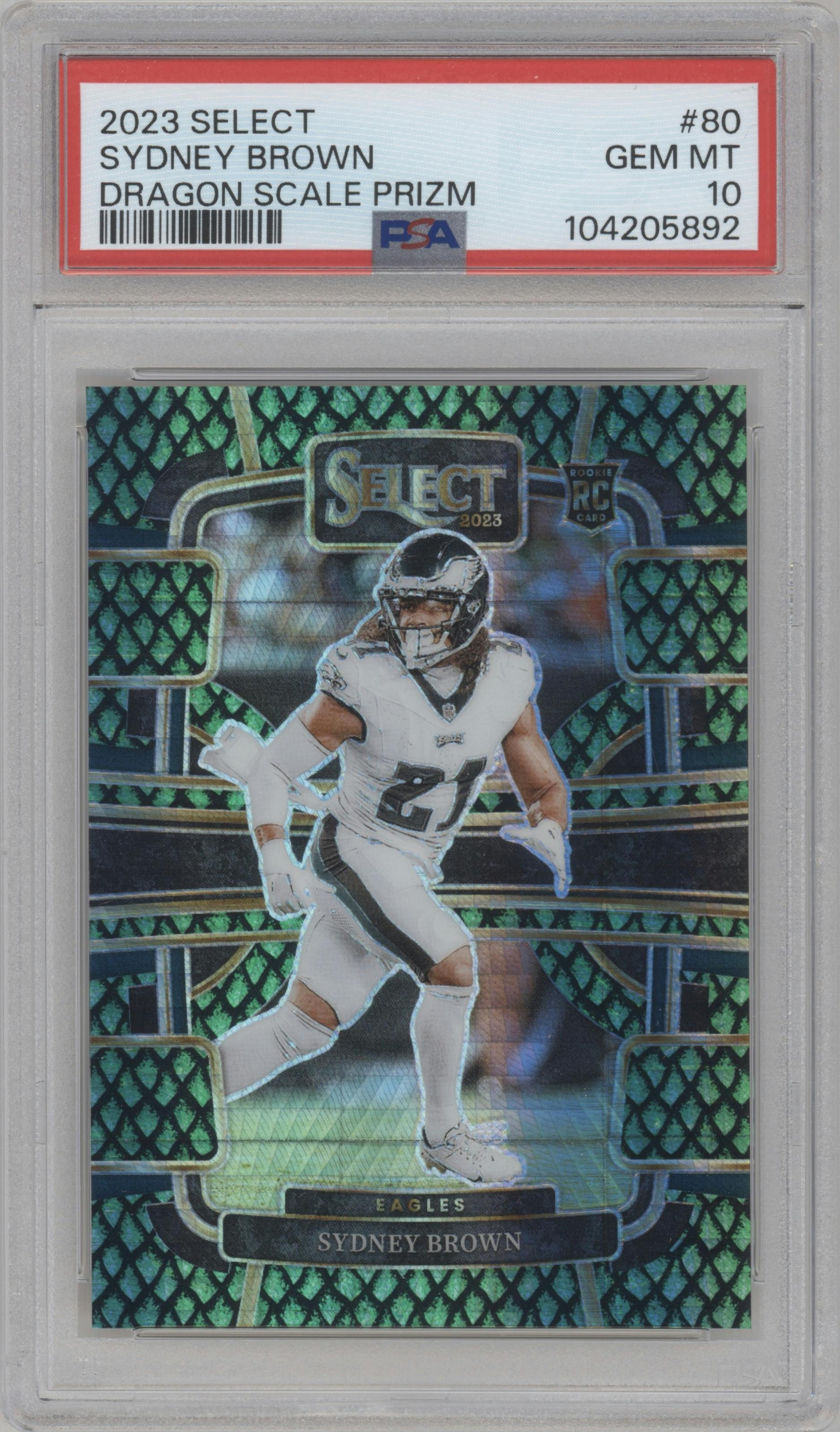 Sydney Brown from the 2023 Panini Select set featuring a Dragon Scale parallel graded by PSA and given an overall grade of 10.