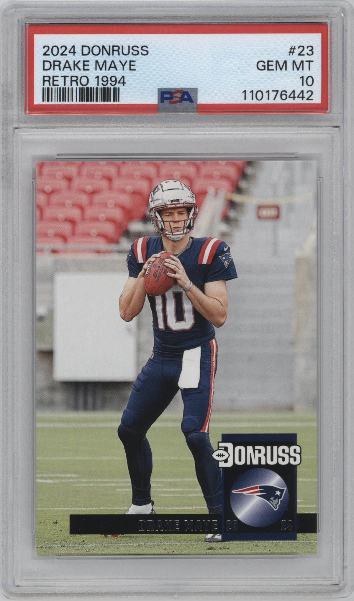 Drake Maye from the 2024 Donruss set graded by PSA and given an overall grade of 10.