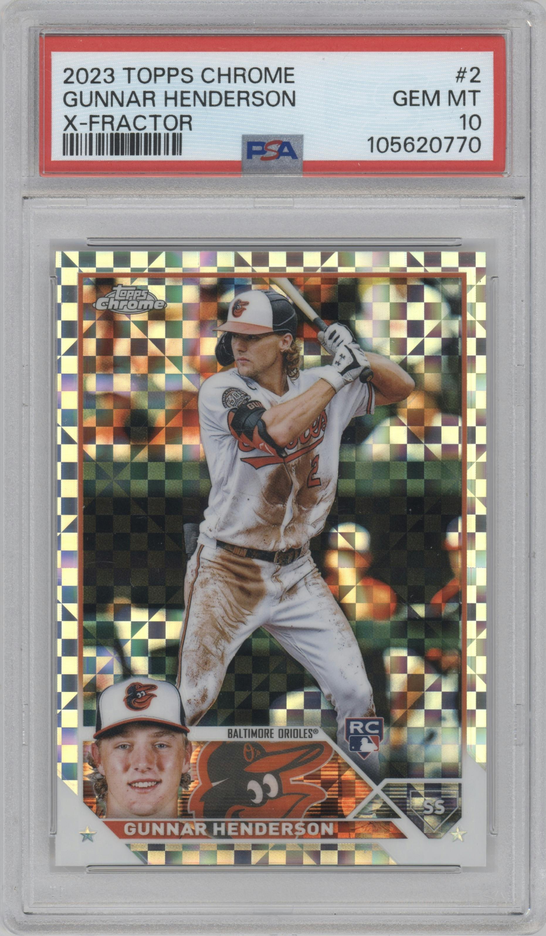 Gunnar Henderson from the 2023 Topps Chrome set featuring a X-Fractor parallel graded by PSA and given an overall grade of 10.