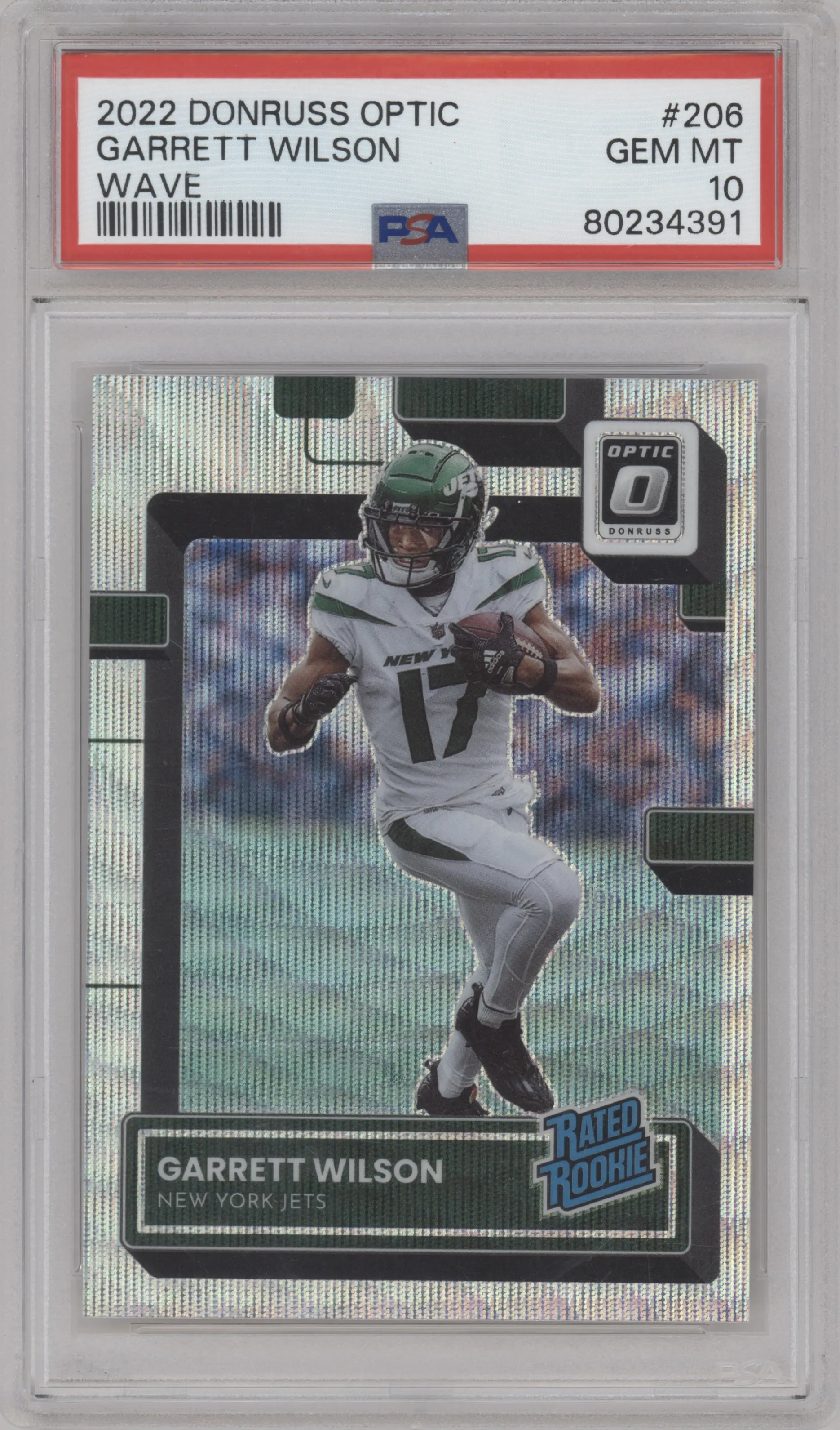 Garrett Wilson from the 2022 Panini Donruss Optic set featuring a Wave parallel graded by PSA and given an overall grade of 10.