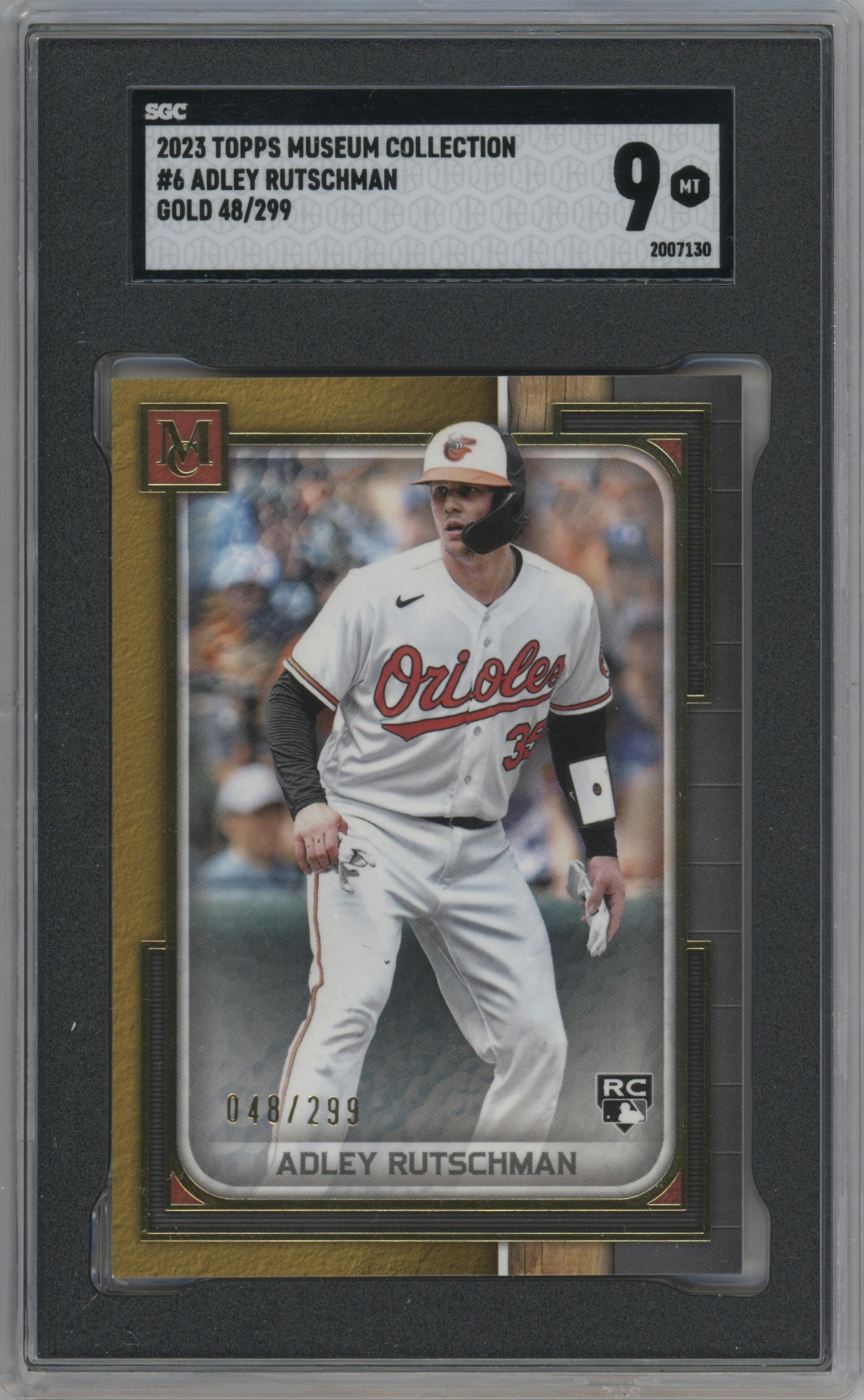 Adley Rutschman from the 2023 Topps Museum Collection set featuring a Gold parallel graded by SGC and given an overall grade of 9.