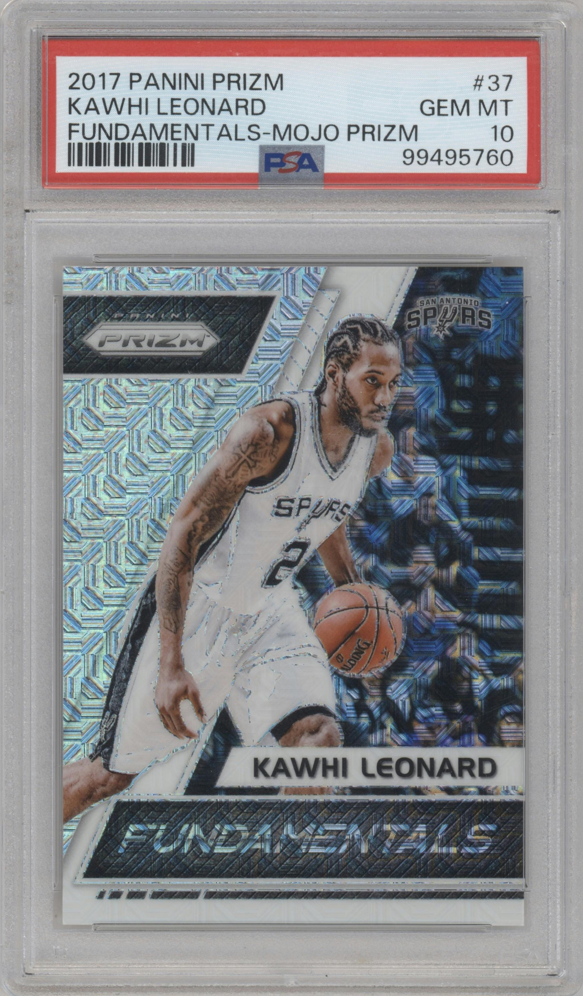 Kawhi Leonard from the 2017-18 Panini Prizm  set featuring a Mojo Prizm parallel graded by PSA and given an overall grade of 10.