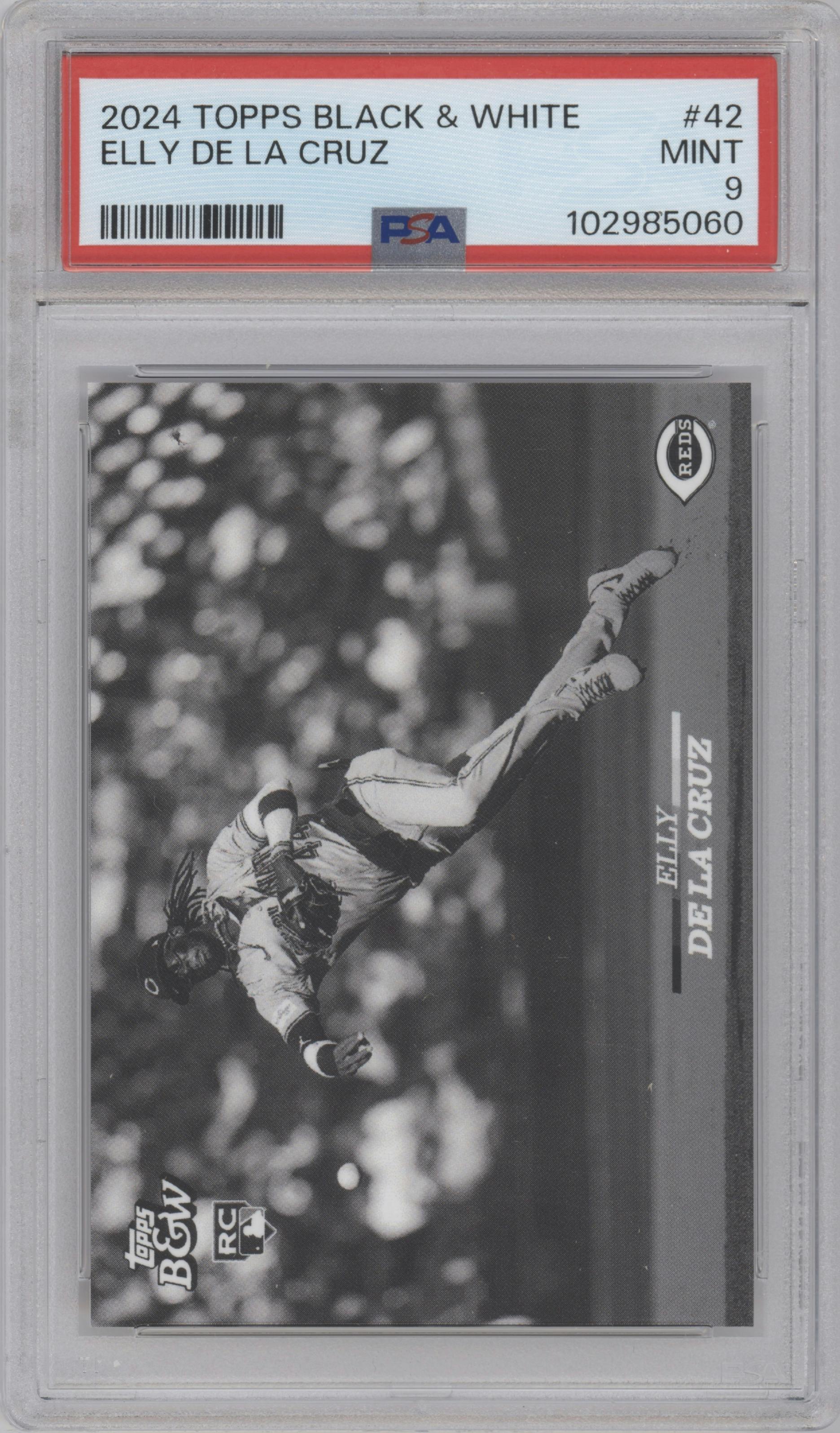 Elly De La Cruz  from the 2024 Topps Black & White set graded by PSA and given an overall grade of 9.