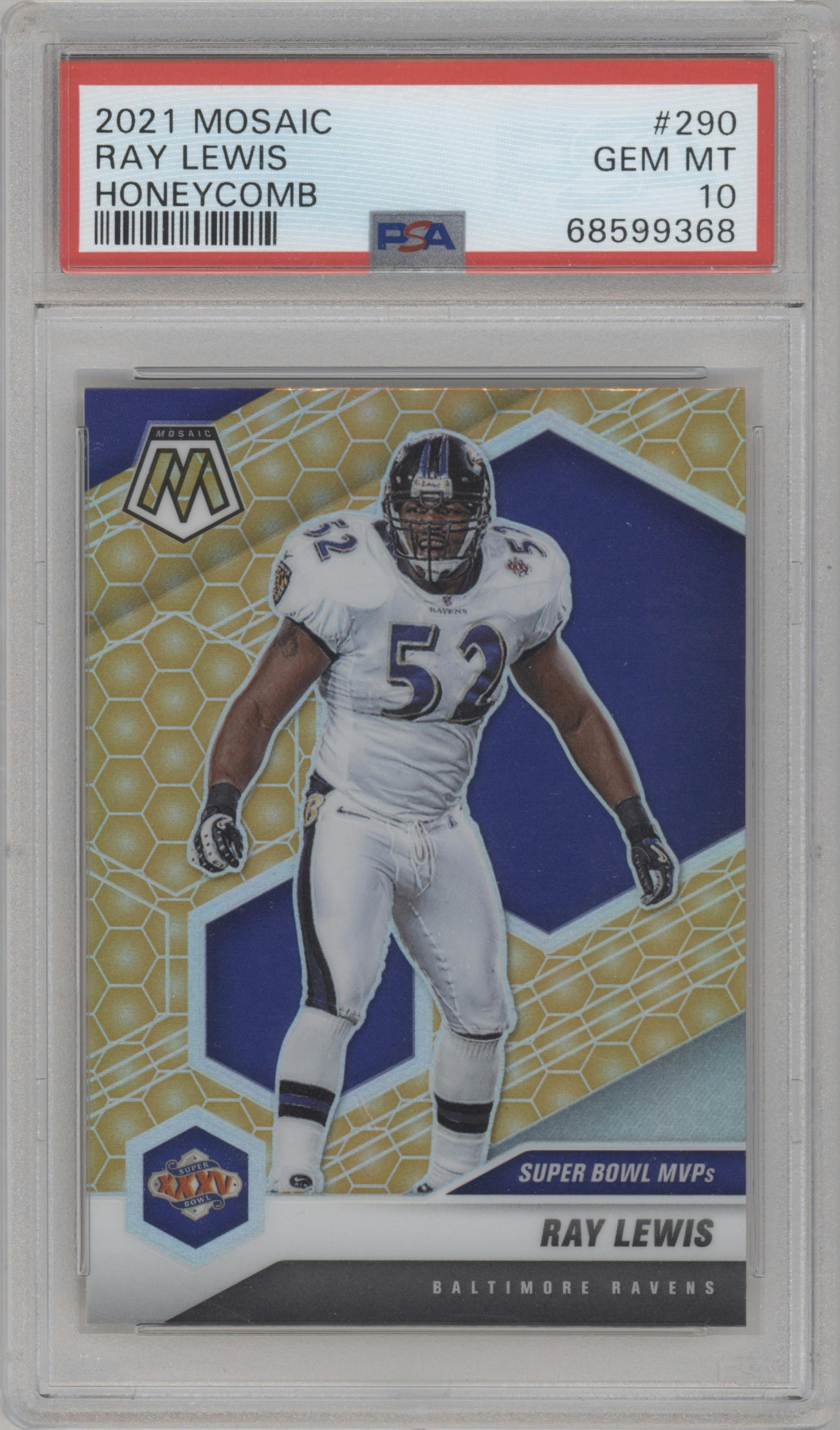 Ray Lewis from the 2021 Panini Mosaic set featuring a Honeycomb parallel graded by PSA and given an overall grade of 10.
