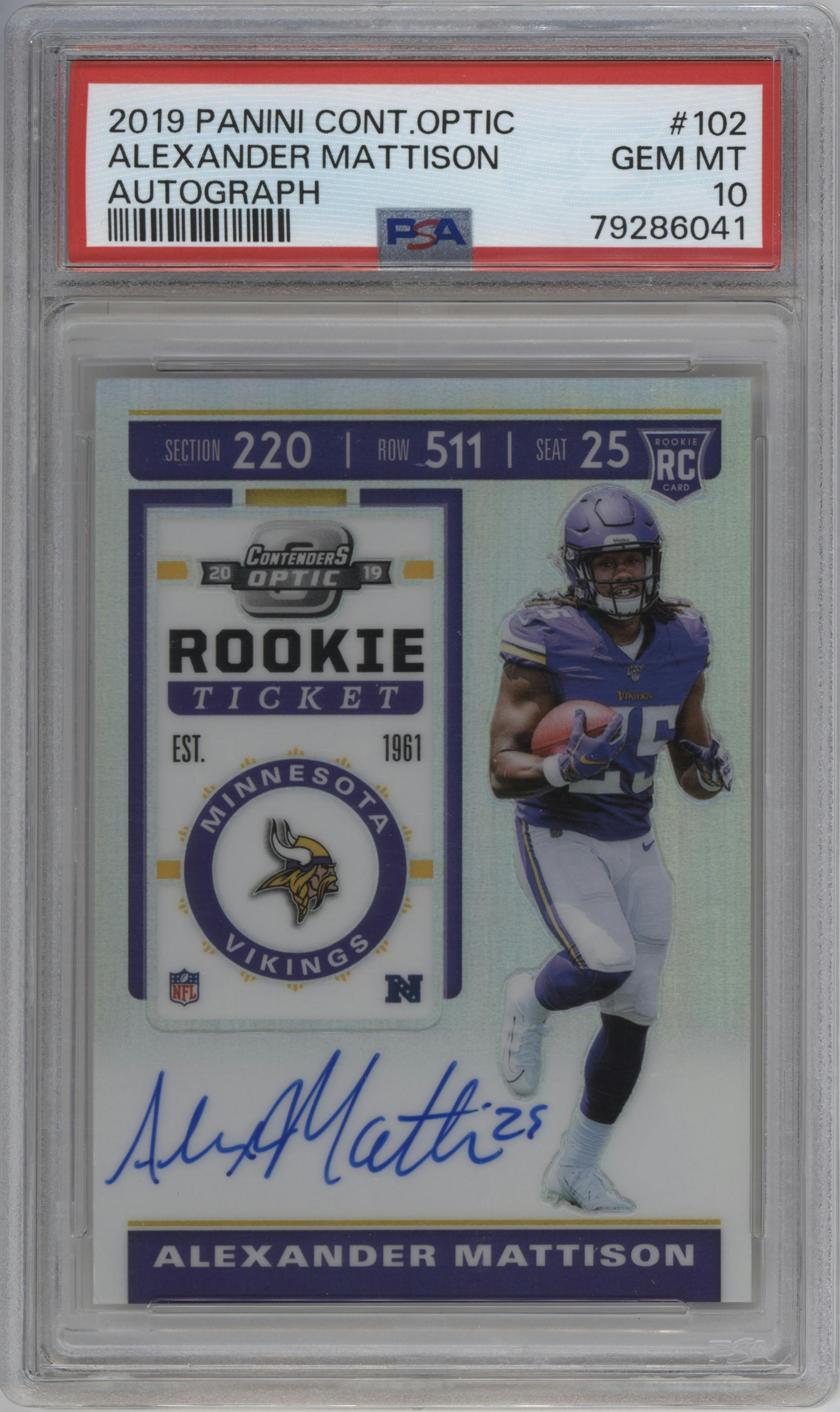 Alexander Mattison from the 2019 Panini Contenders Optic set graded by PSA and given an overall grade of 10.