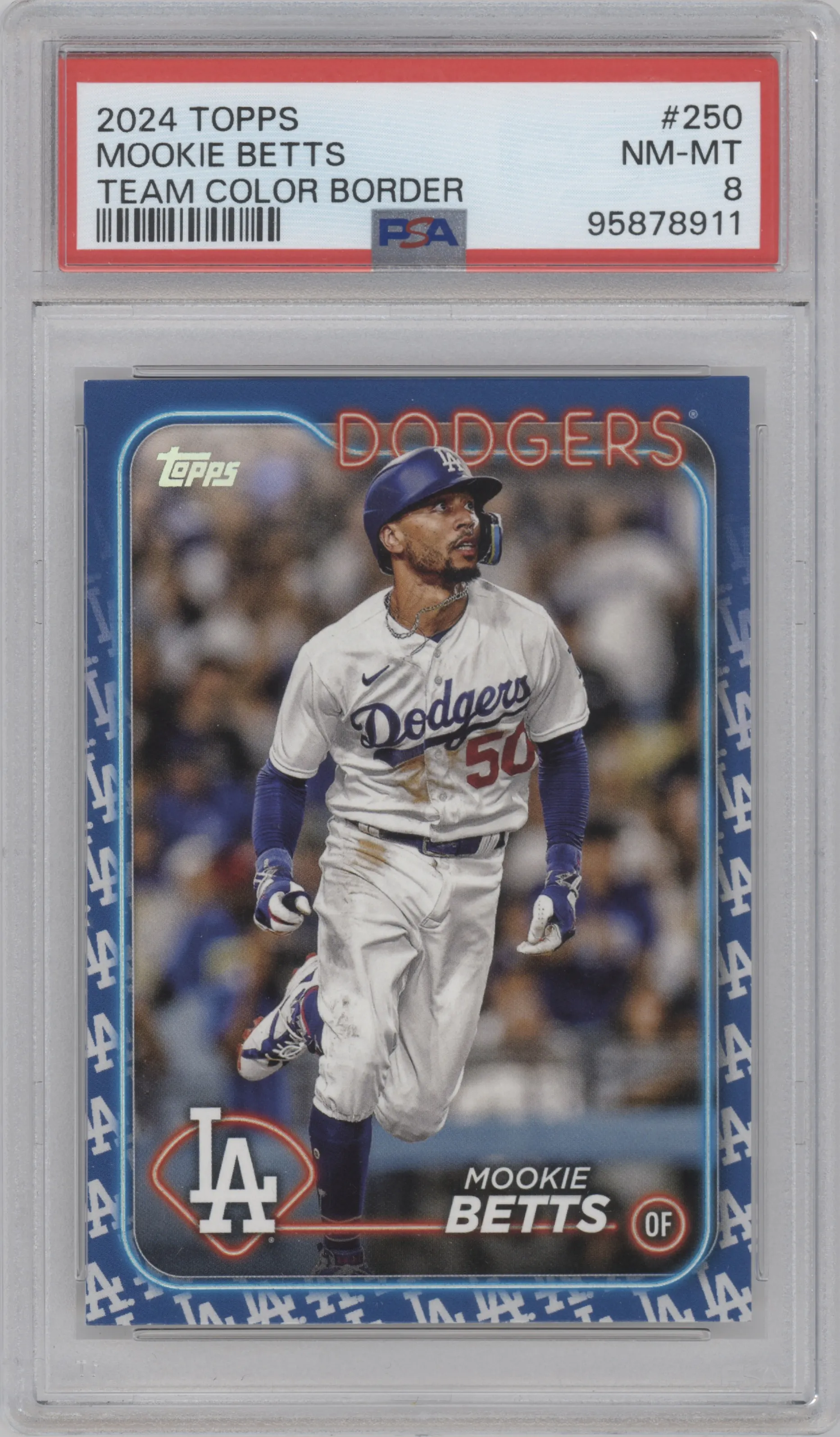 Mookie Betts from the 2024 Topps  set featuring a Team Color Border parallel graded by PSA and given an overall grade of 8.