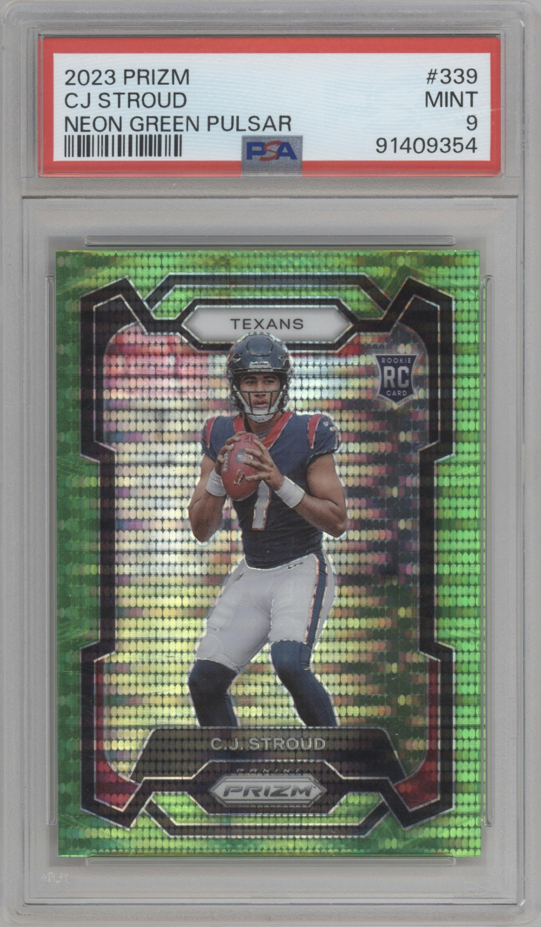 C.J. Stroud from the 2023 Panini Prizm set featuring a Neon Green Pulsar parallel graded by PSA and given an overall grade of 9.
