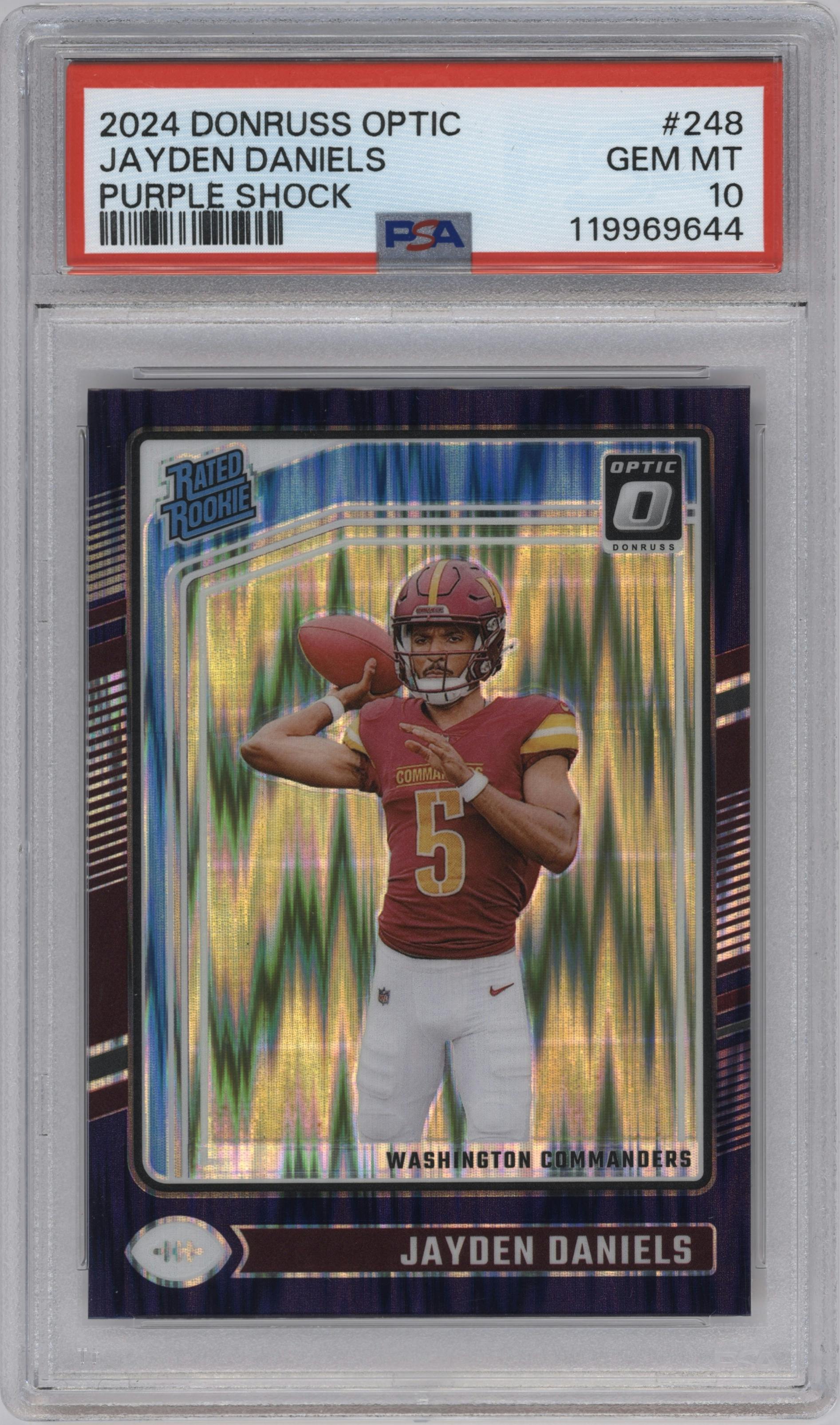 Jayden Daniels from the 2024 Donruss Optic set featuring a Purple Shock parallel graded by PSA and given an overall grade of 10.