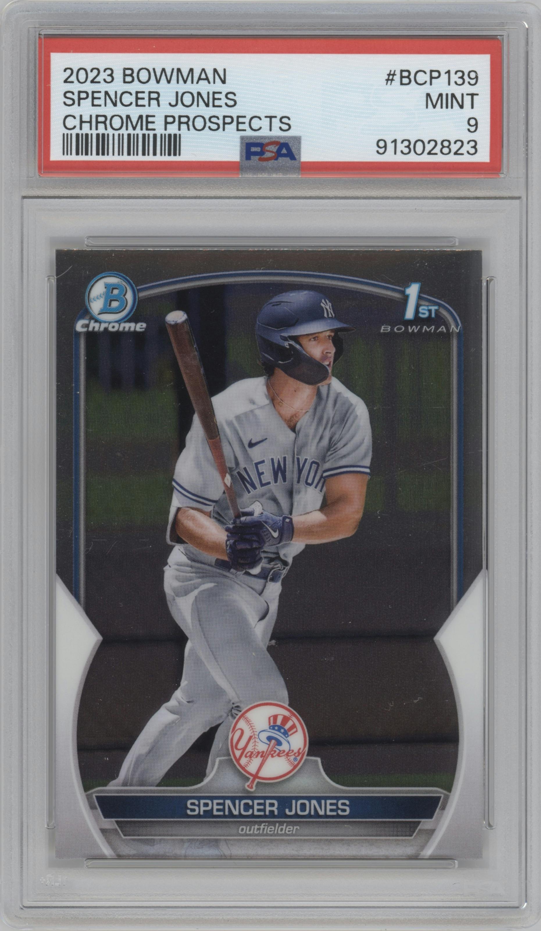 Spencer Jones from the 2023 Bowman  set graded by PSA and given an overall grade of 9.