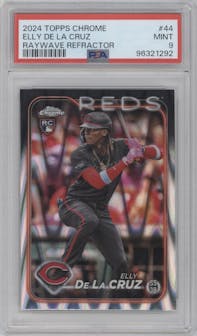 Elly De La Cruz from the 2024 Topps Chrome set featuring a Raywave Refractor parallel graded by PSA and given an overall grade of 9.