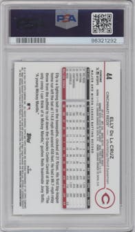 Elly De La Cruz from the 2024 Topps Chrome set featuring a Raywave Refractor parallel graded by PSA and given an overall grade of 9.
