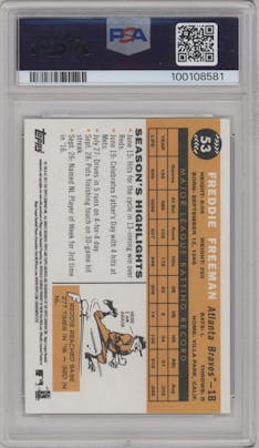 Freddie Freeman from the 2019 Topps Archives Signature Series Active Player Edition set graded by PSA and given an overall grade of 10.