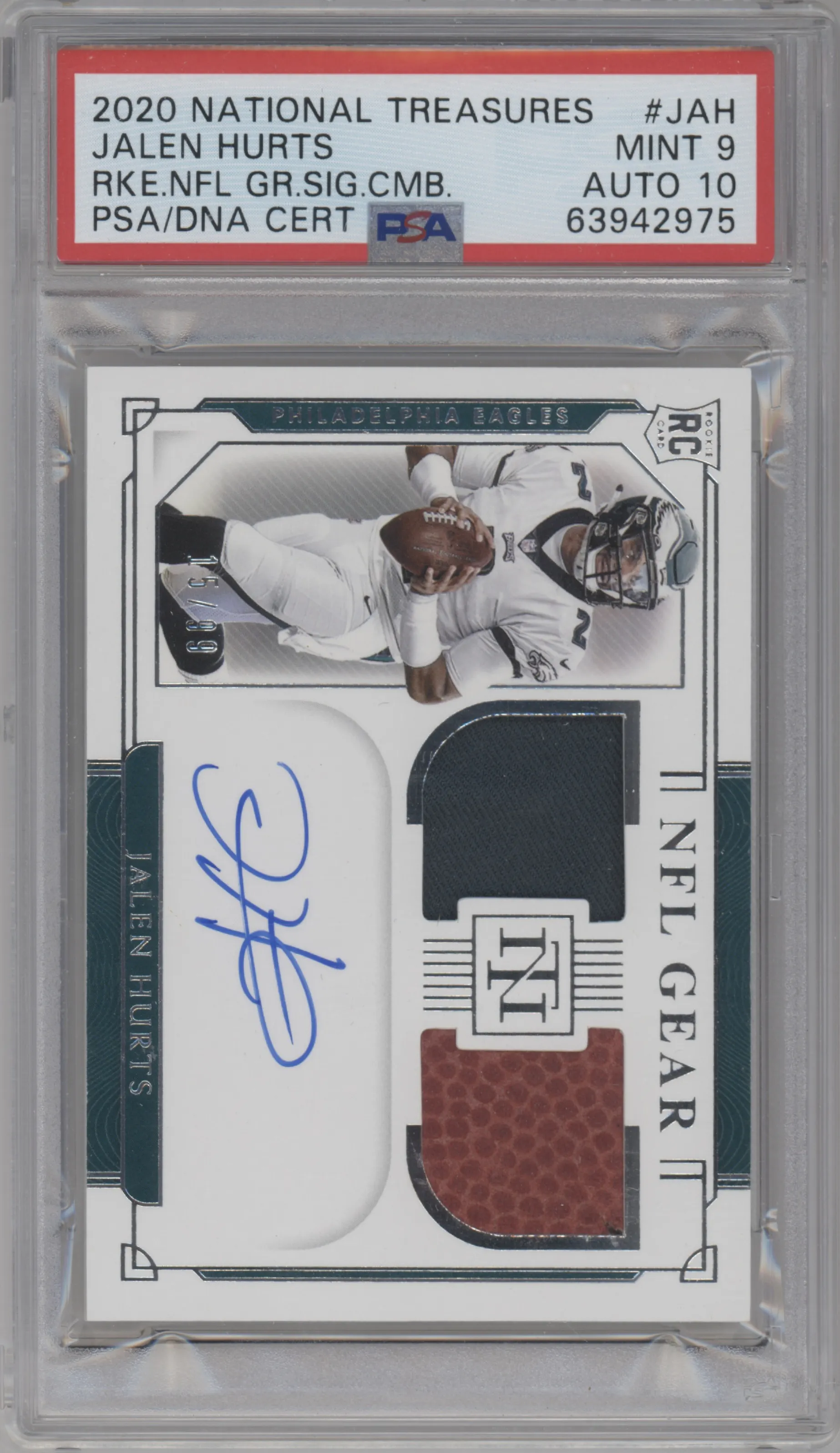 2020 Panini National Treasures Rke.NFL Gear Sig.Cb. Jalen Hurts #RSC-JAH PSA 9