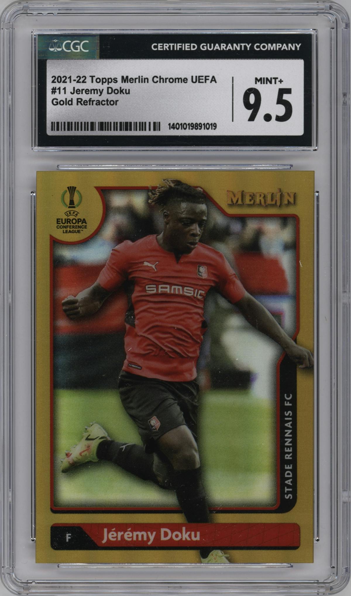Jeremy Doku from the 2021-22 Topps Merlin Chrome UEFA League set featuring a Gold Refractor parallel graded by CSG and given an overall grade of 9.5.
