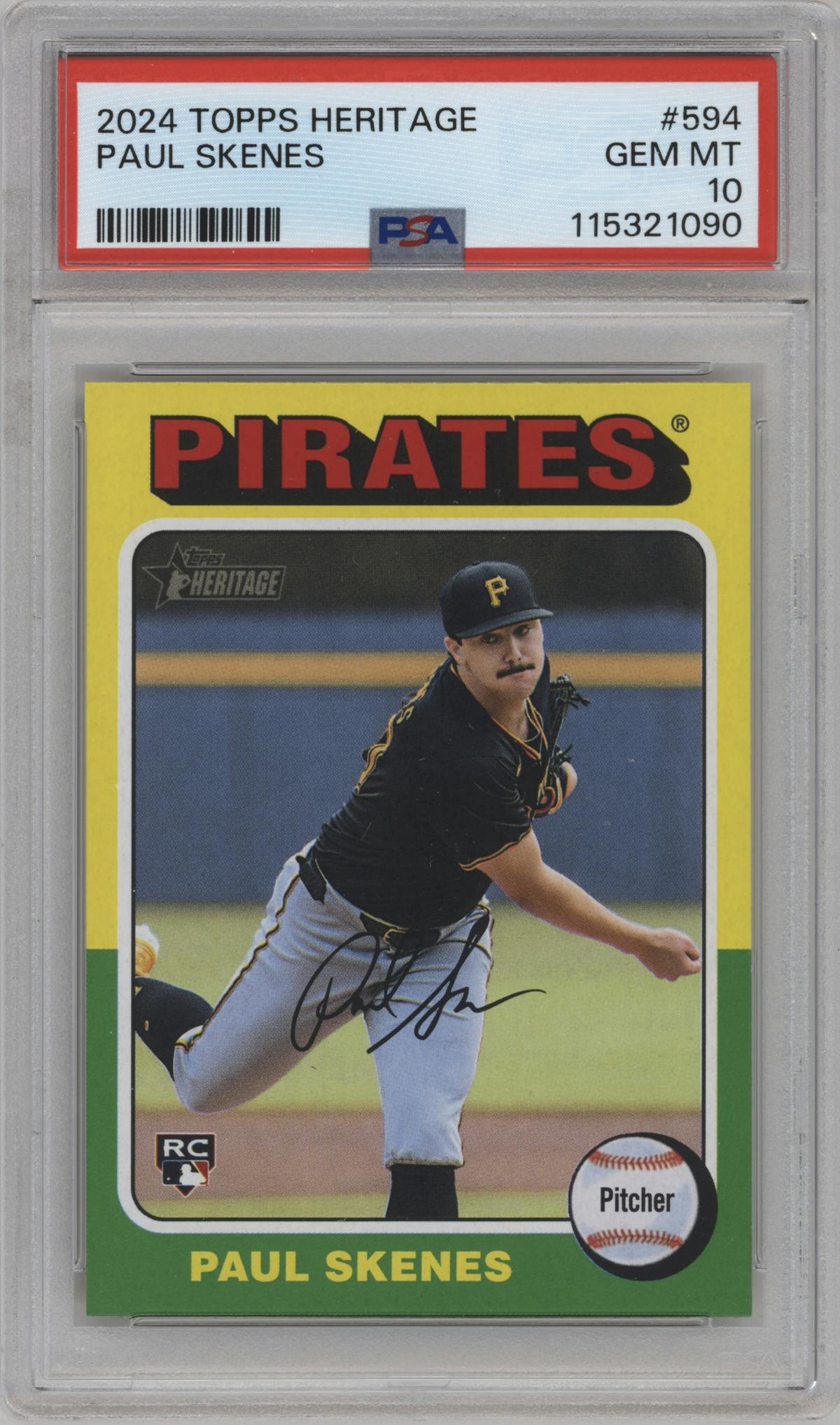 Paul Skenes from the 2024 Topps Heritage set graded by PSA and given an overall grade of 10.