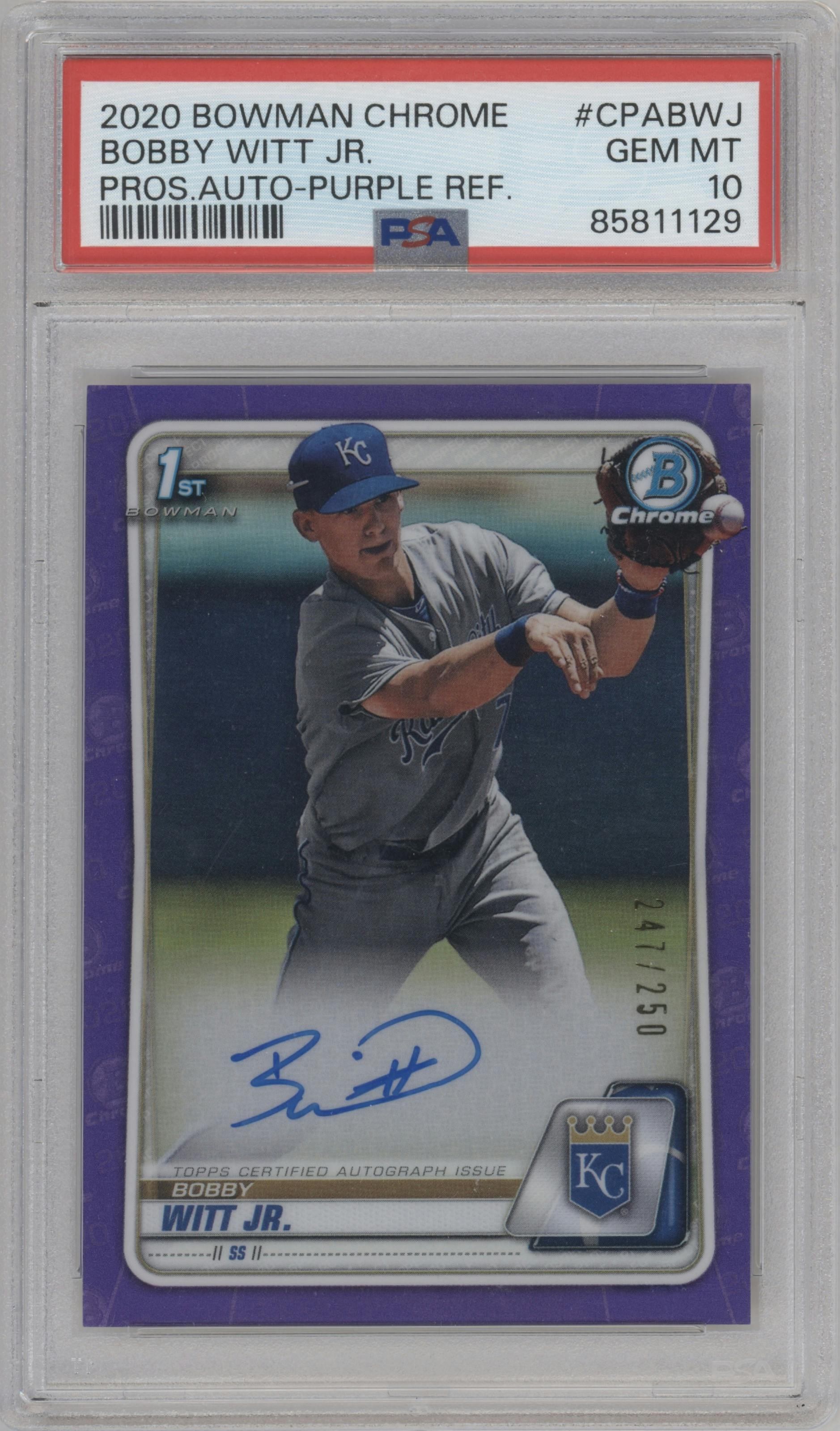 Bobby Witt Jr. from the 2020 Bowman Chrome set featuring a Purple Refractor  parallel graded by PSA and given an overall grade of 10.