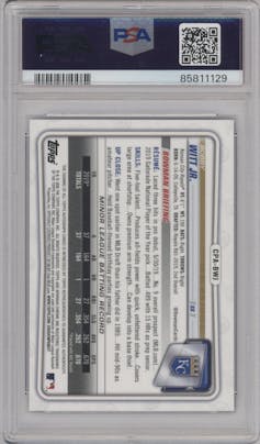 Bobby Witt Jr. from the 2020 Bowman Chrome set featuring a Purple Refractor  parallel graded by PSA and given an overall grade of 10.