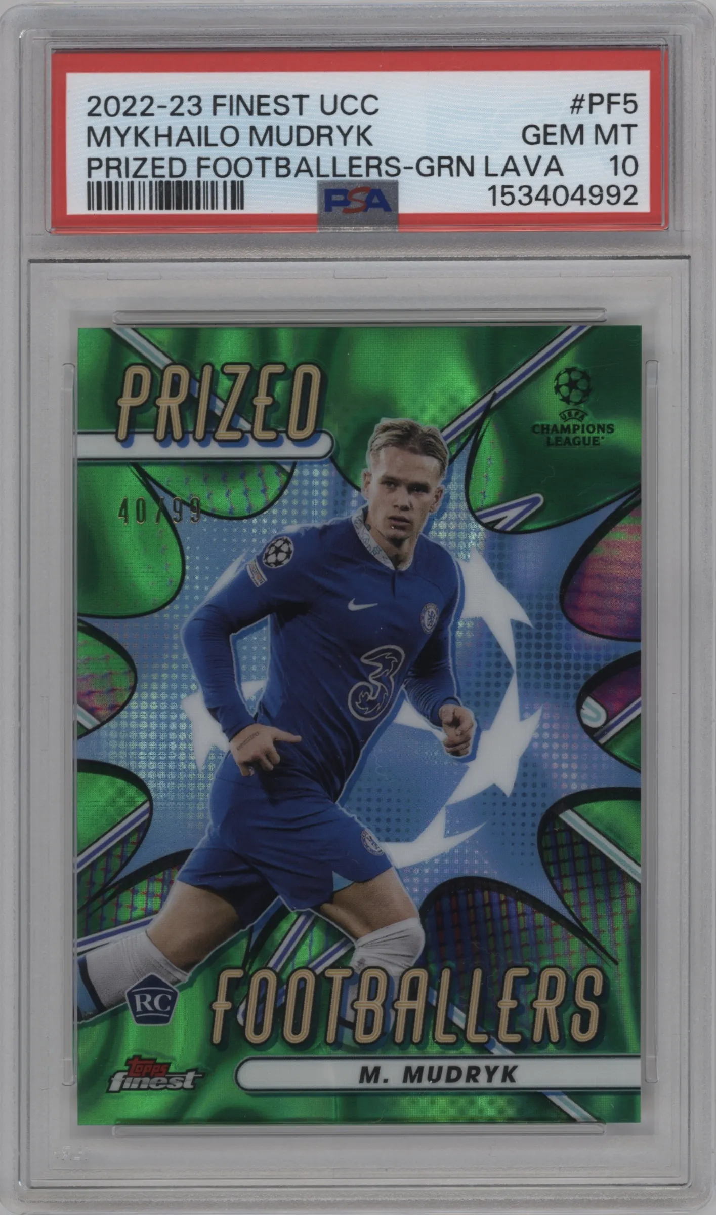 2022 Topps Finest UEFA Club Competitions Prized Footballers Mykhailo Mudryk Green Lava Refractor #PF-5 PSA 10