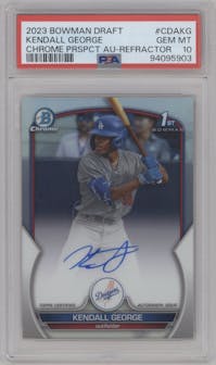 Kendall George from the 2023 Bowman Draft set featuring a Refractor parallel graded by PSA and given an overall grade of 10.