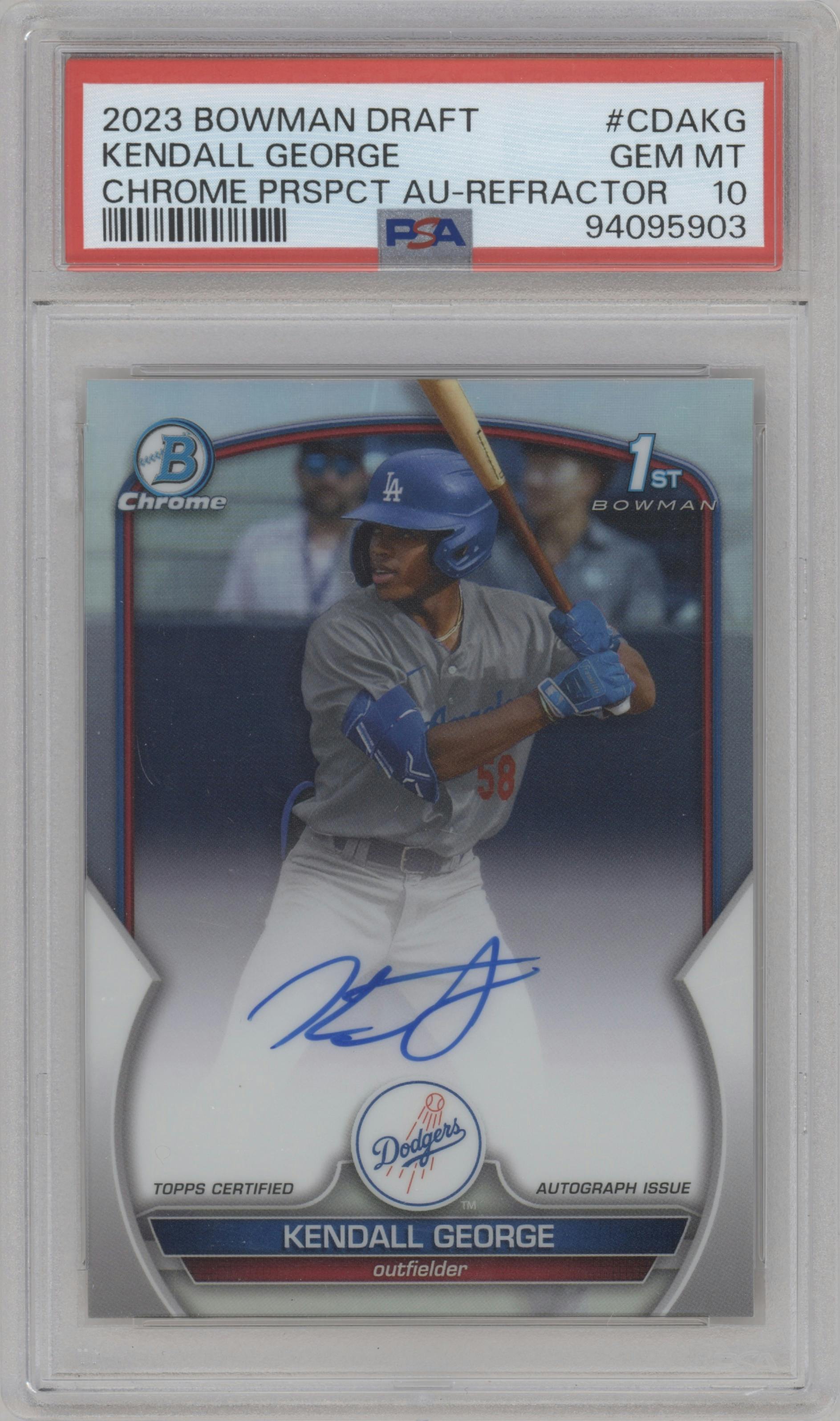 Kendall George from the 2023 Bowman Draft set featuring a Refractor parallel graded by PSA and given an overall grade of 10.