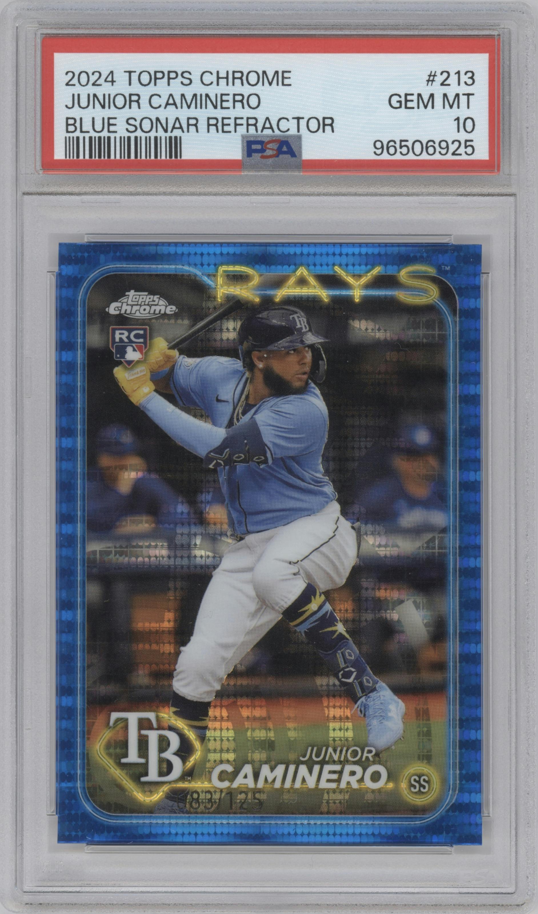 Junior Caminero from the 2024 Topps Chrome set featuring a Blue Sonar Refractor parallel graded by PSA and given an overall grade of 10.