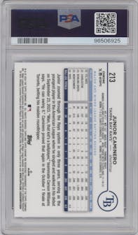 Junior Caminero from the 2024 Topps Chrome set featuring a Blue Sonar Refractor parallel graded by PSA and given an overall grade of 10.