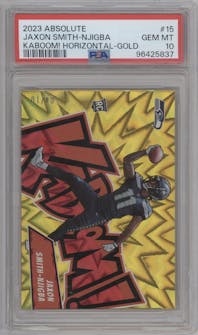 Jaxon Smith-Njigba from the 2023 Panini Absolute set featuring a Gold parallel graded by PSA and given an overall grade of 10.
